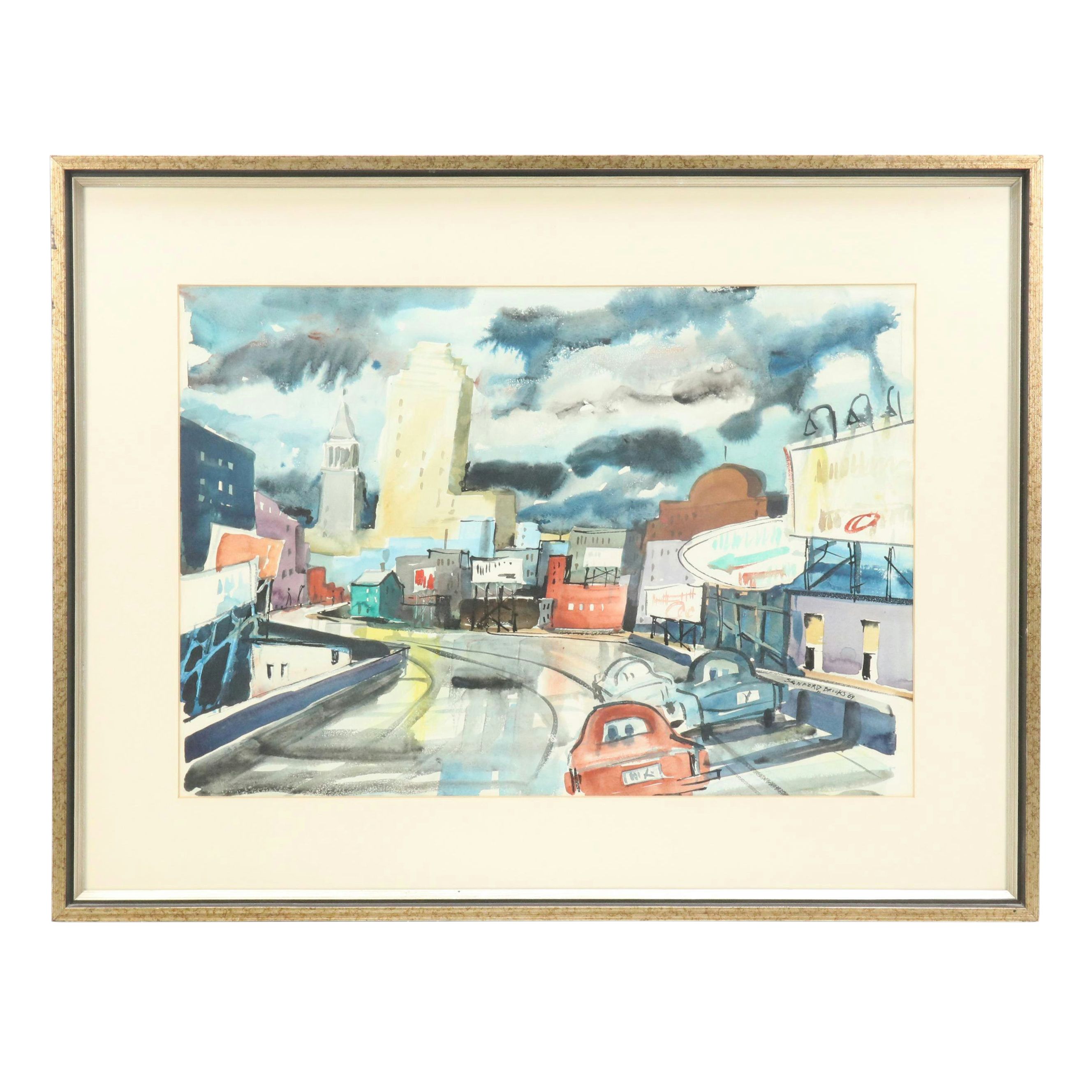 Sanford M. Brooks Watercolor Painting of Downtown Cincinnati, 1969