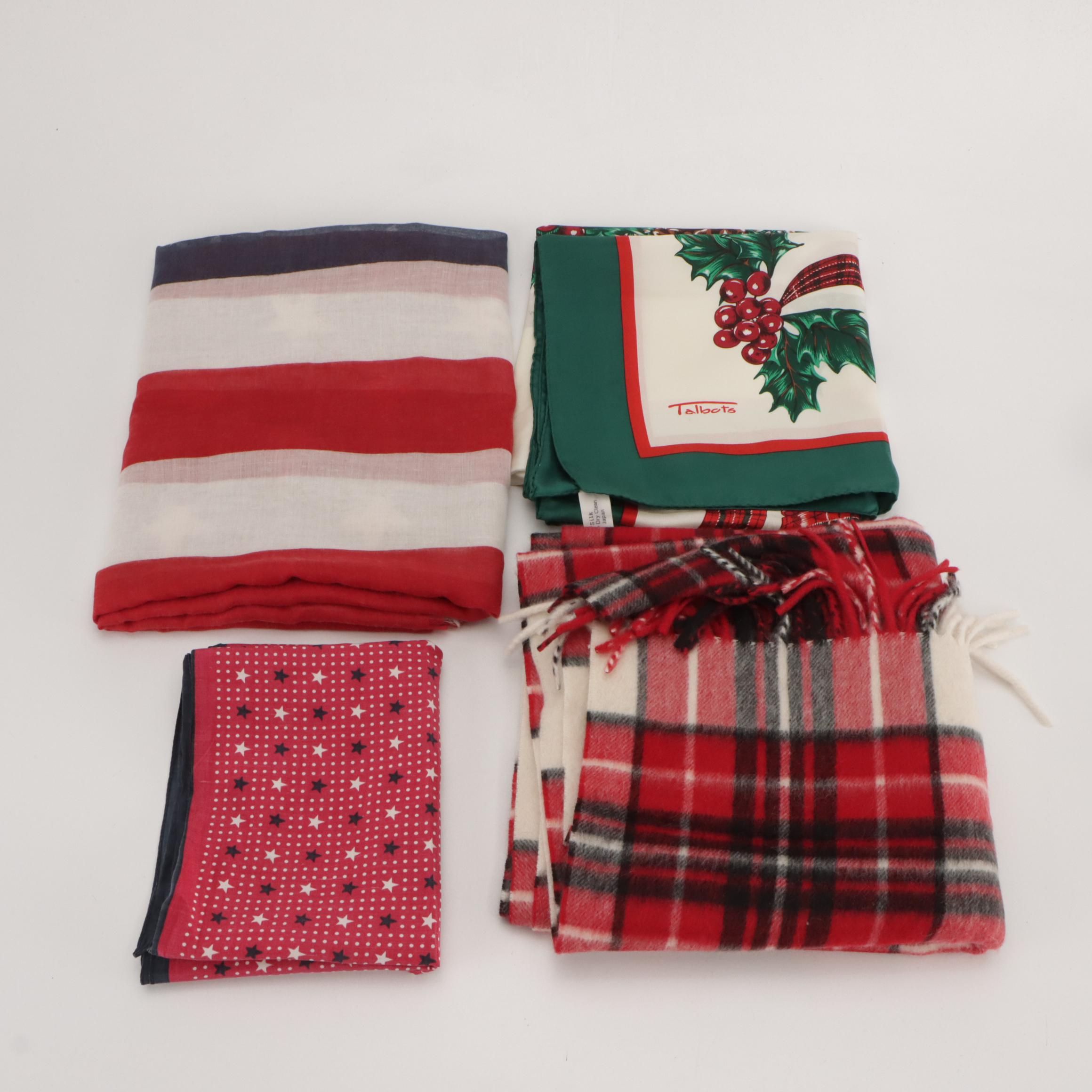 Talbots Red Plaid Cashmere Fringe Scarf and Silk Wreath Print Scarf, More
