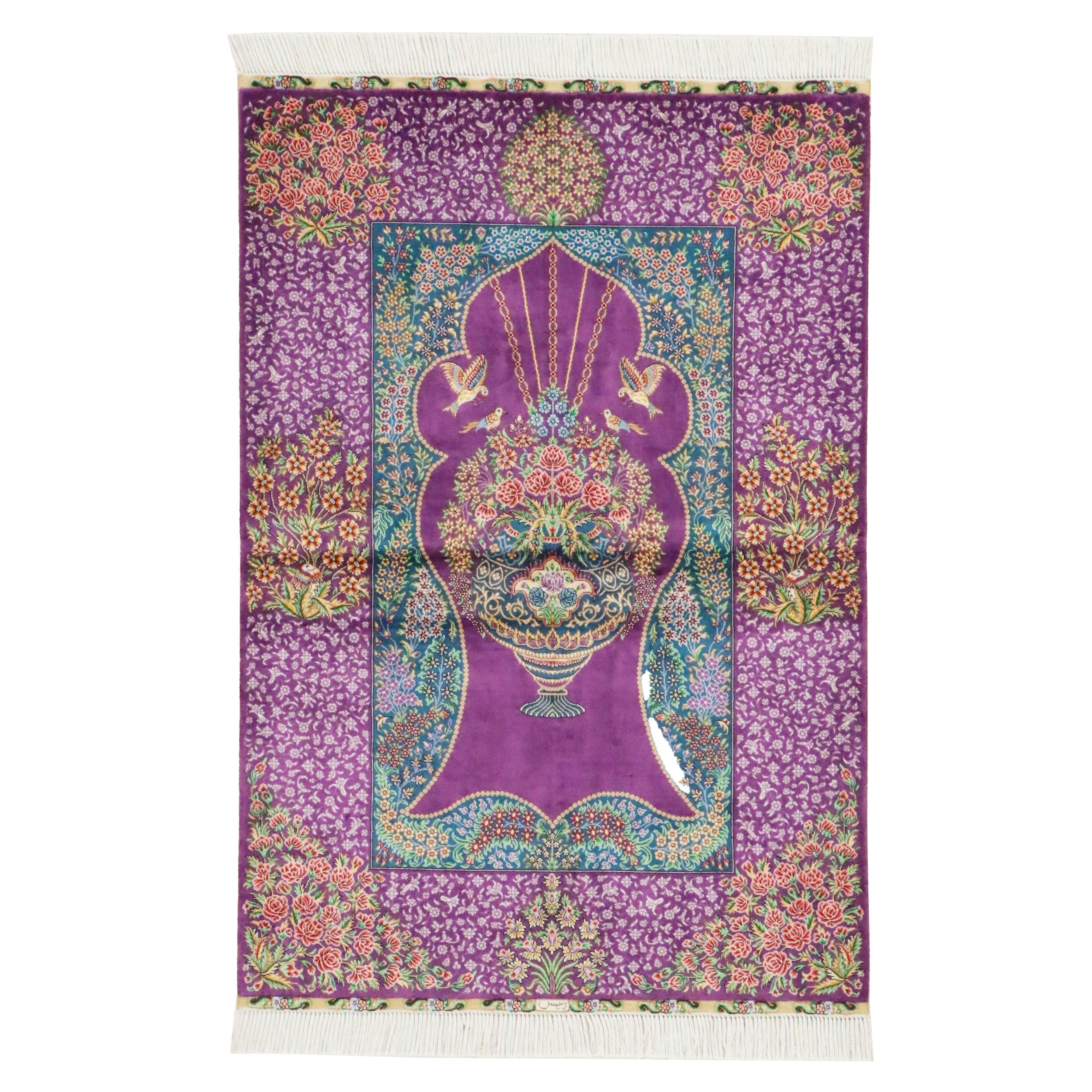 3'1 x 5' Hand-Knotted Signed Persian Qom Silk Area Rug