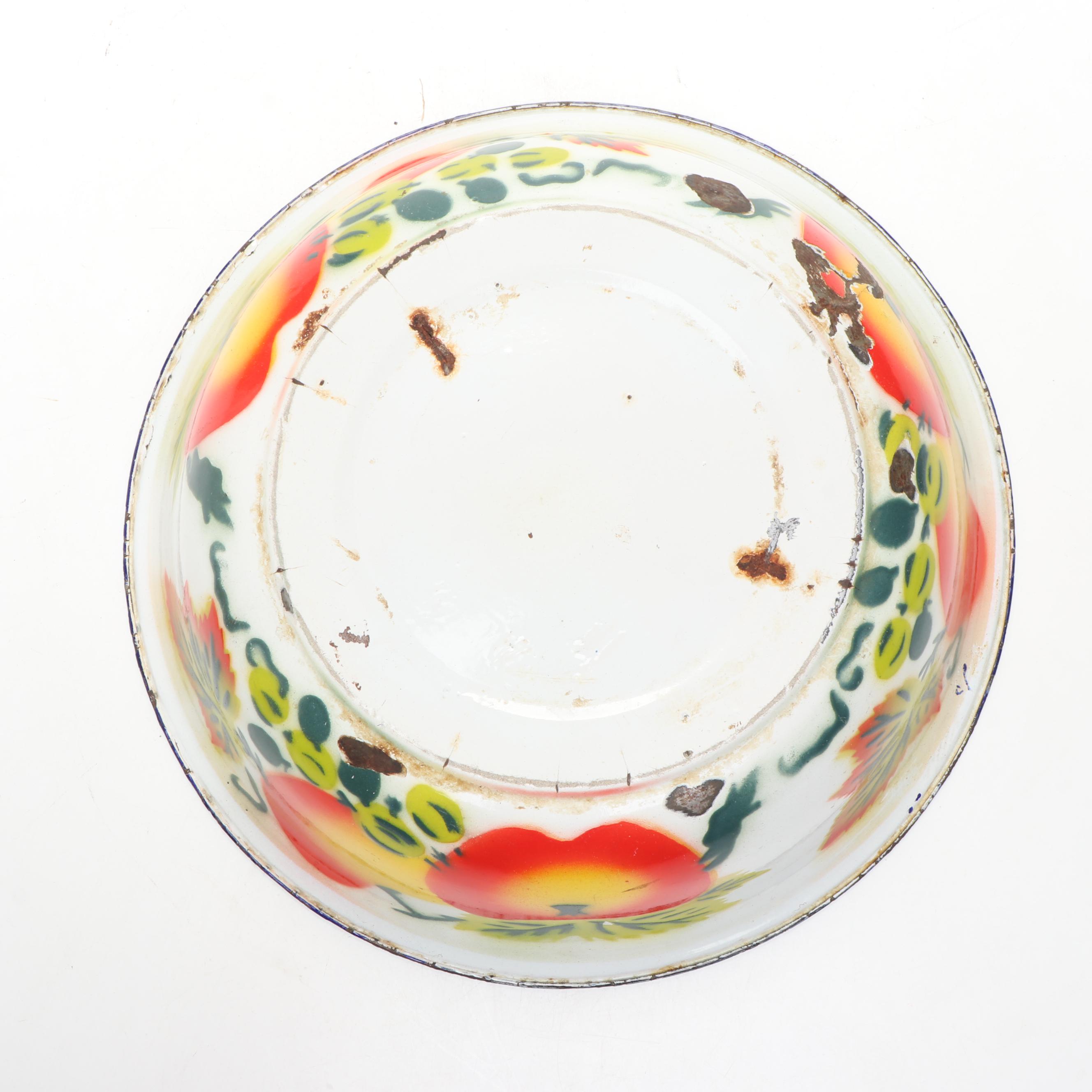 Enamel Metal Bowl, Lidded Bowl, Teapot, and More Kitchenware, Mid-20th Century