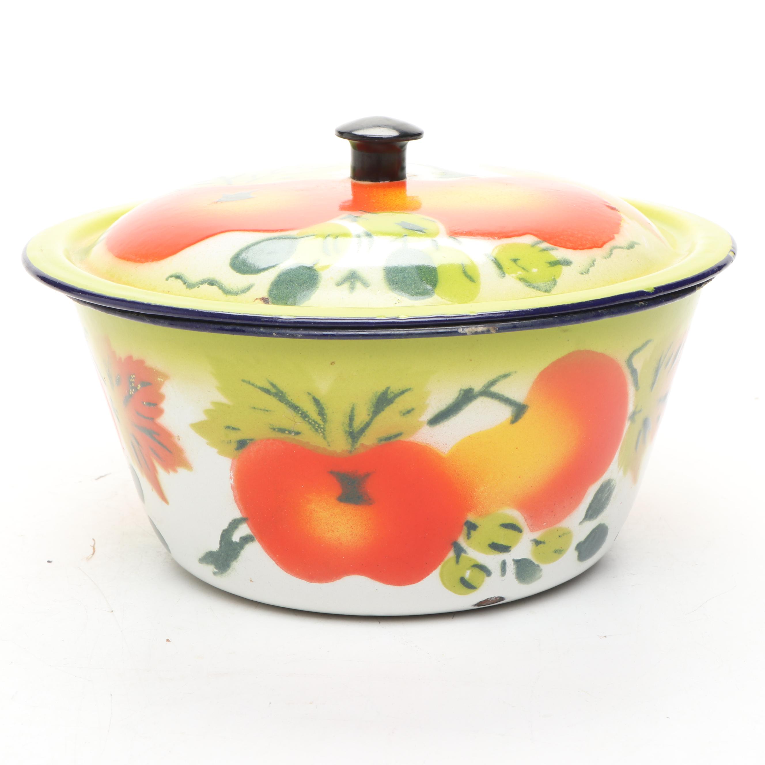 Enamel Metal Bowl, Lidded Bowl, Teapot, and More Kitchenware, Mid-20th Century