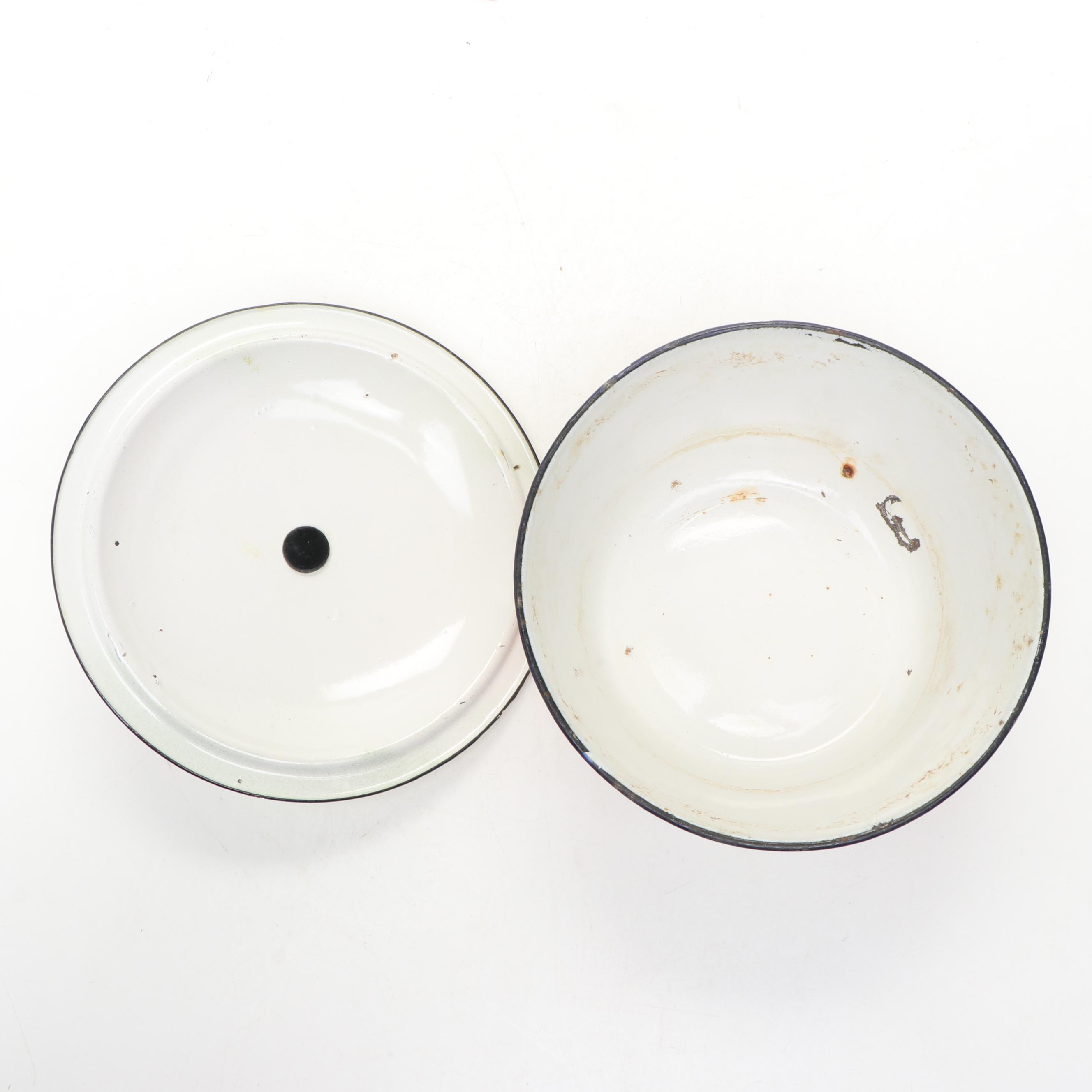 Enamel Metal Bowl, Lidded Bowl, Teapot, and More Kitchenware, Mid-20th Century
