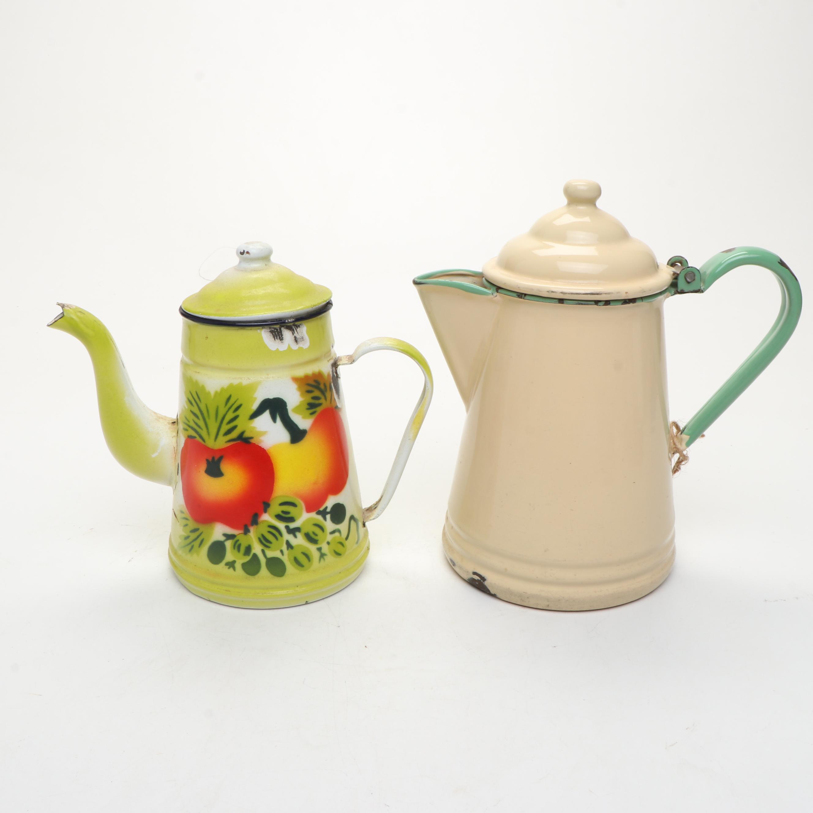 Enamel Metal Bowl, Lidded Bowl, Teapot, and More Kitchenware, Mid-20th Century