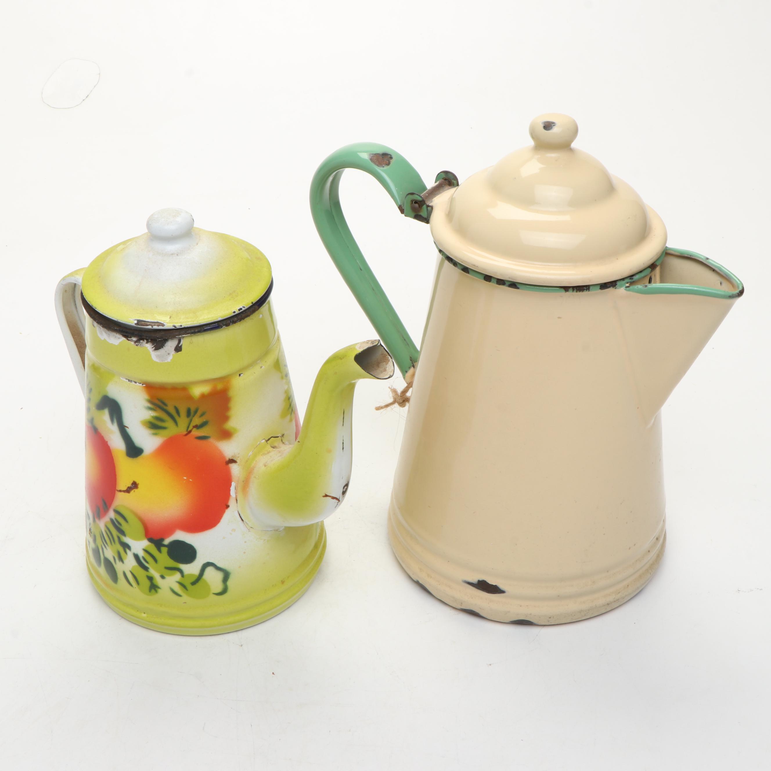 Enamel Metal Bowl, Lidded Bowl, Teapot, and More Kitchenware, Mid-20th Century