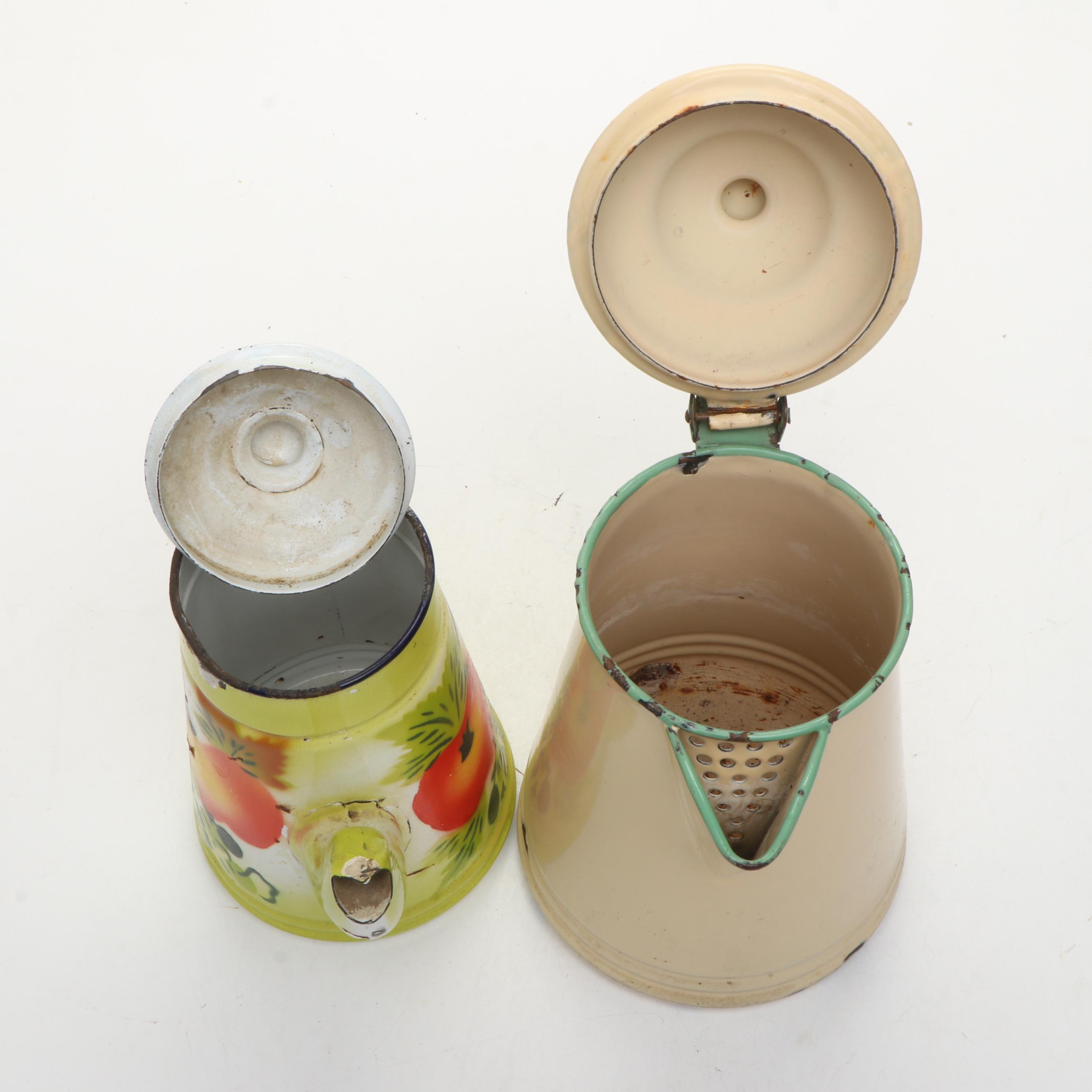 Enamel Metal Bowl, Lidded Bowl, Teapot, and More Kitchenware, Mid-20th Century