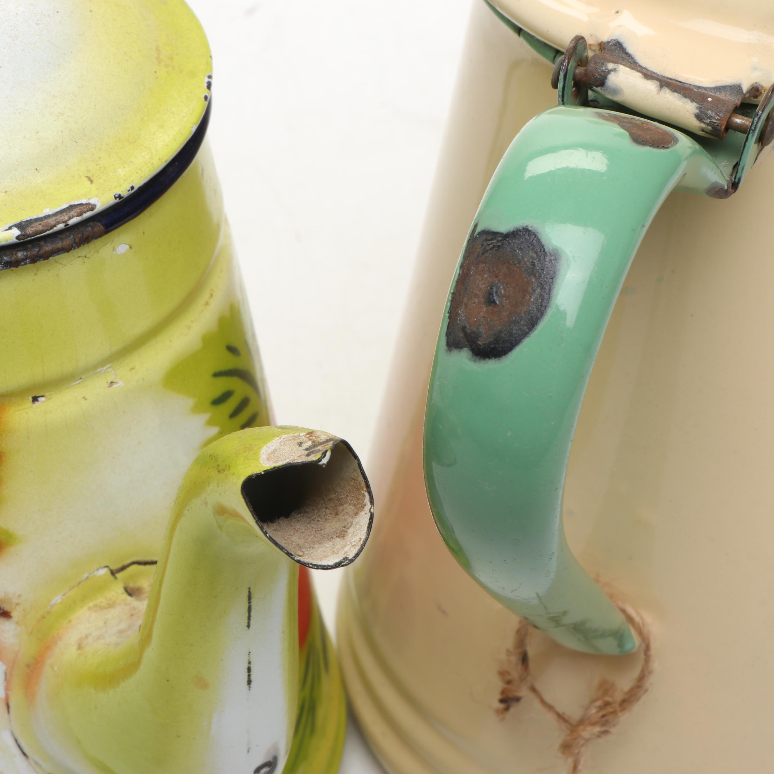 Enamel Metal Bowl, Lidded Bowl, Teapot, and More Kitchenware, Mid-20th Century