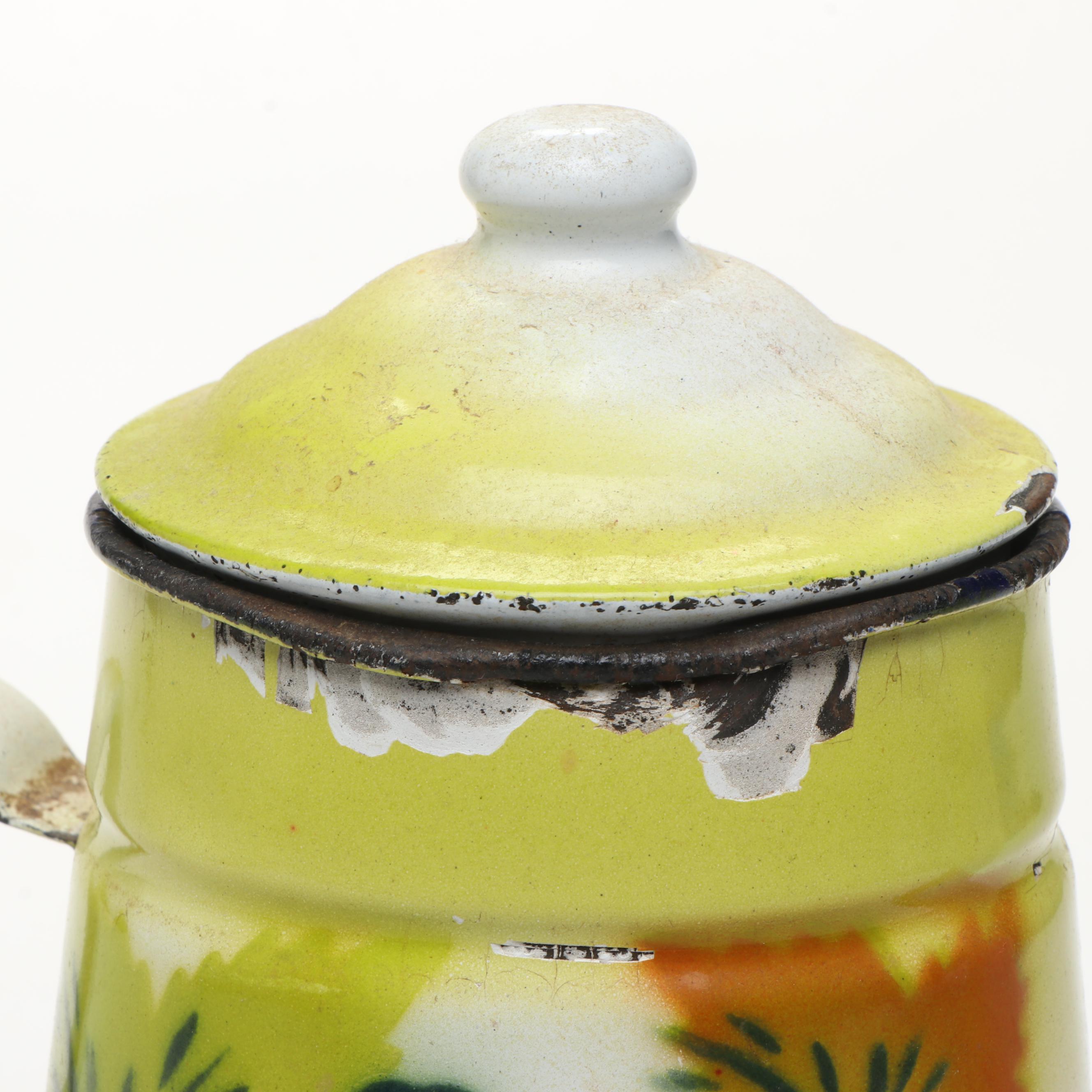 Enamel Metal Bowl, Lidded Bowl, Teapot, and More Kitchenware, Mid-20th Century