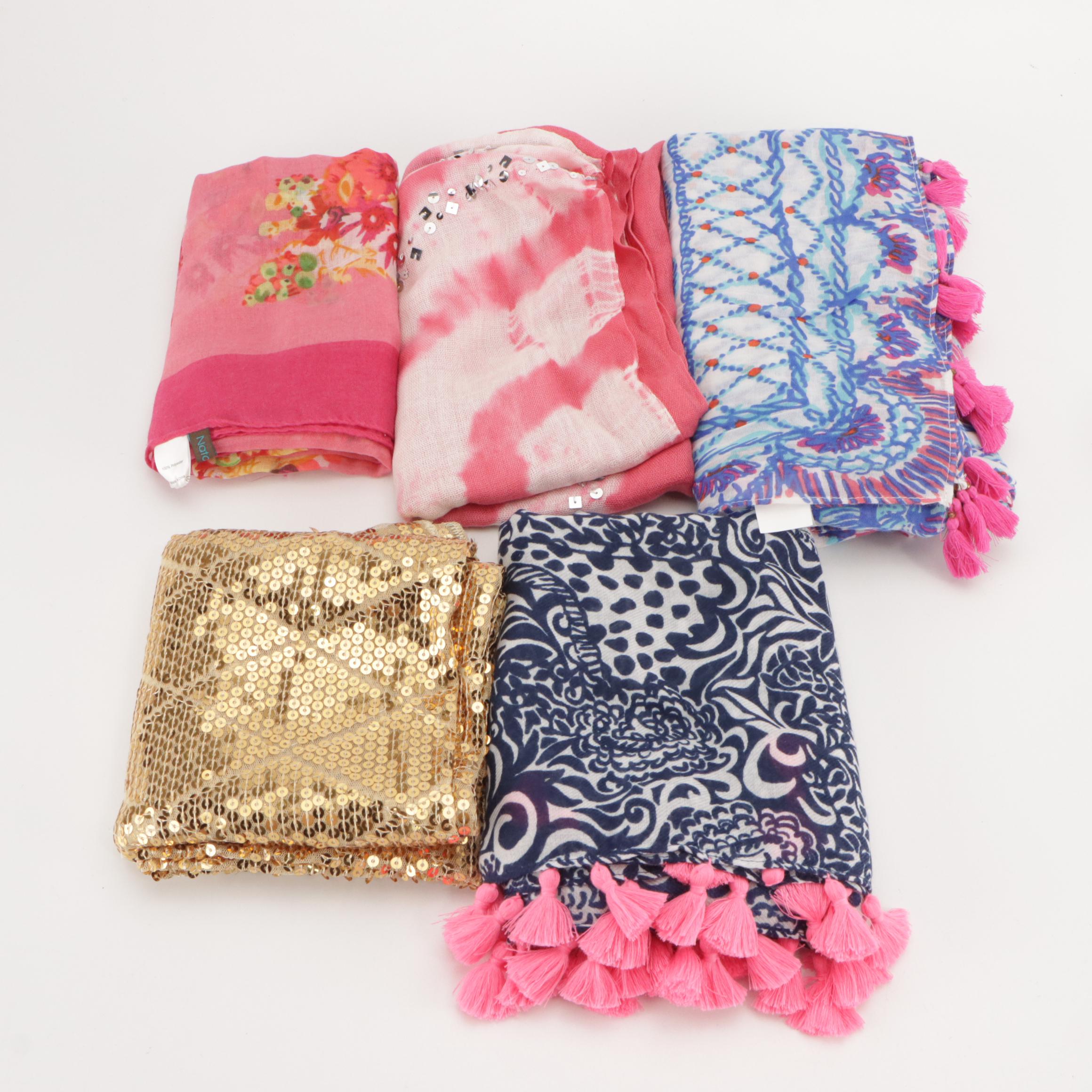Lilly Pulitzer, Natasha and Other Printed Scarves with Brazen Gold Sequin Scarf