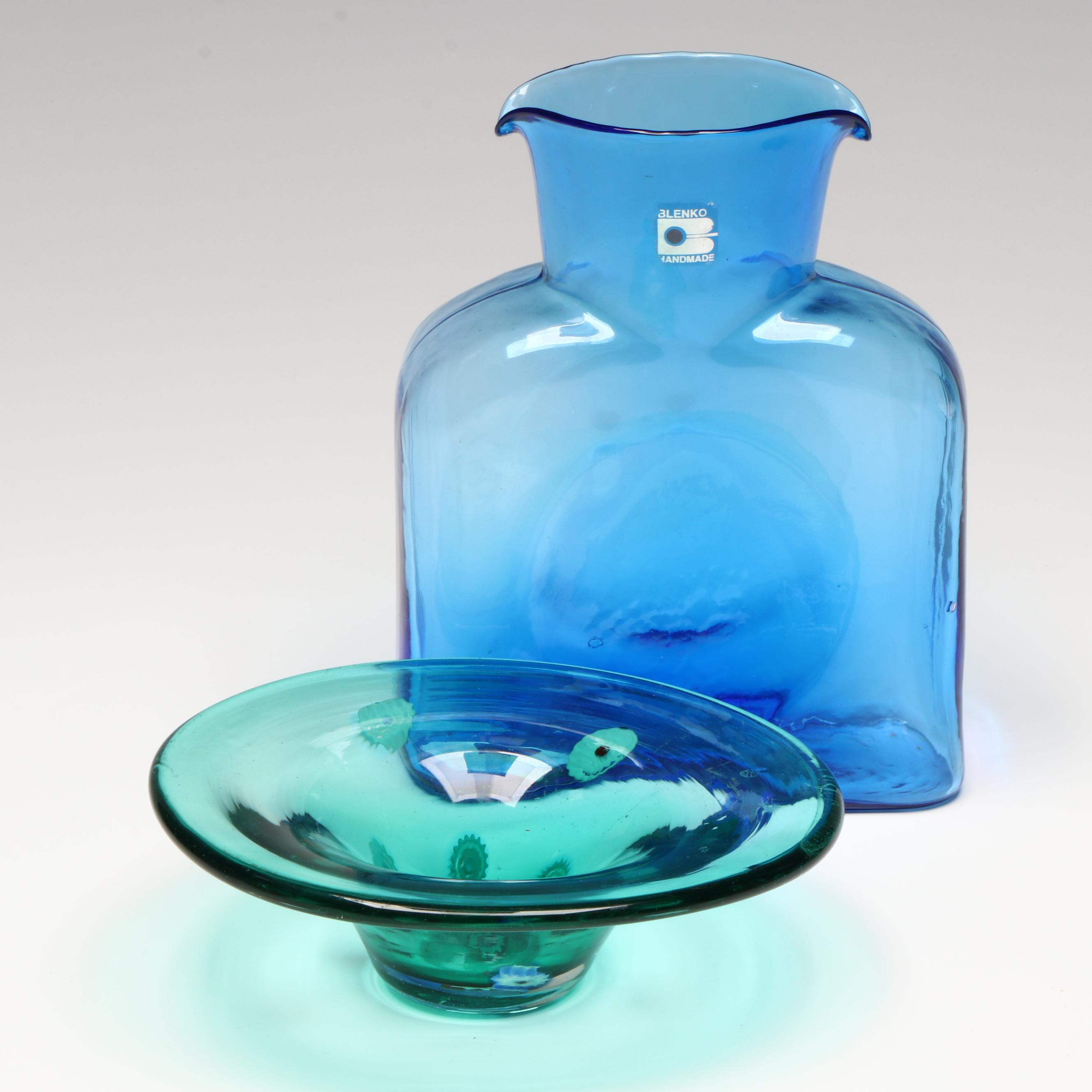 Blenko Blue Water Bottle with Other Hand Blown Art Glass Bowl
