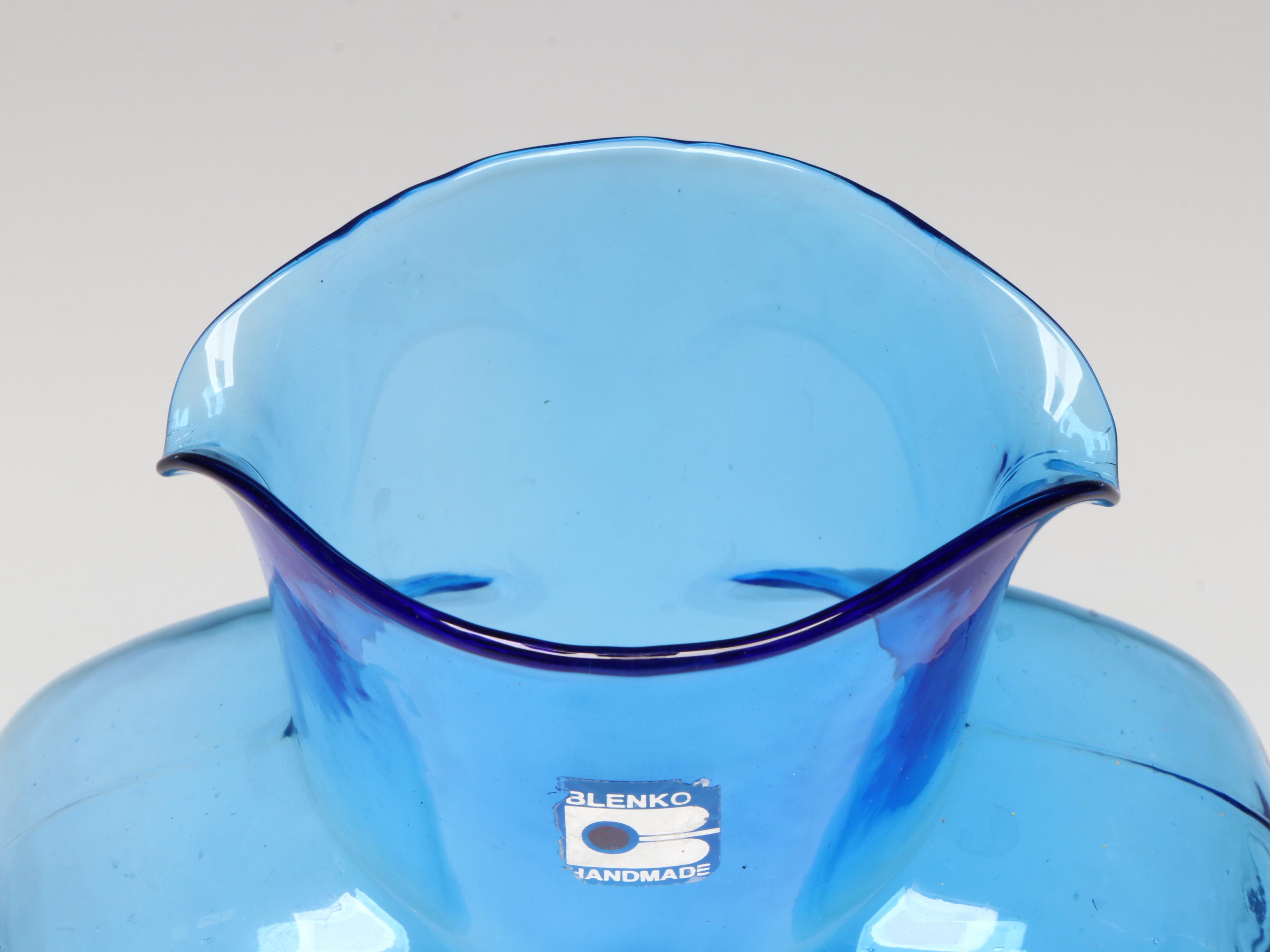 Blenko Blue Water Bottle with Other Hand Blown Art Glass Bowl