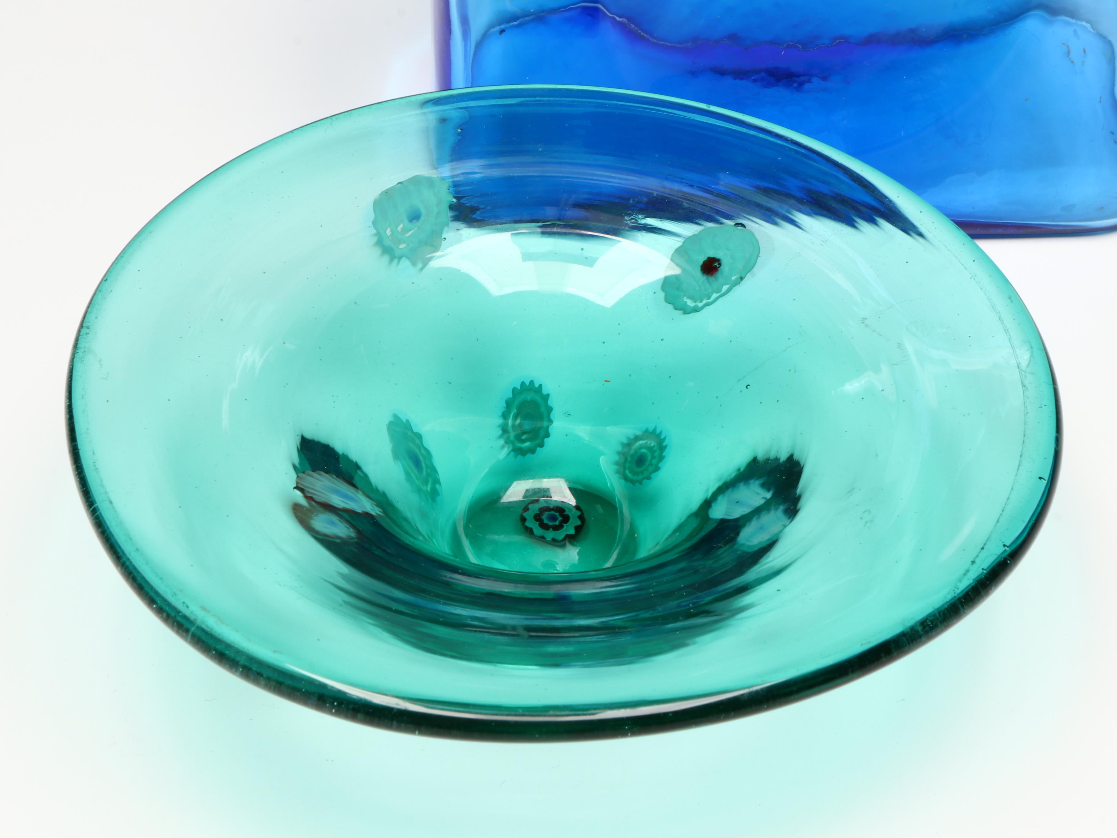 Blenko Blue Water Bottle with Other Hand Blown Art Glass Bowl