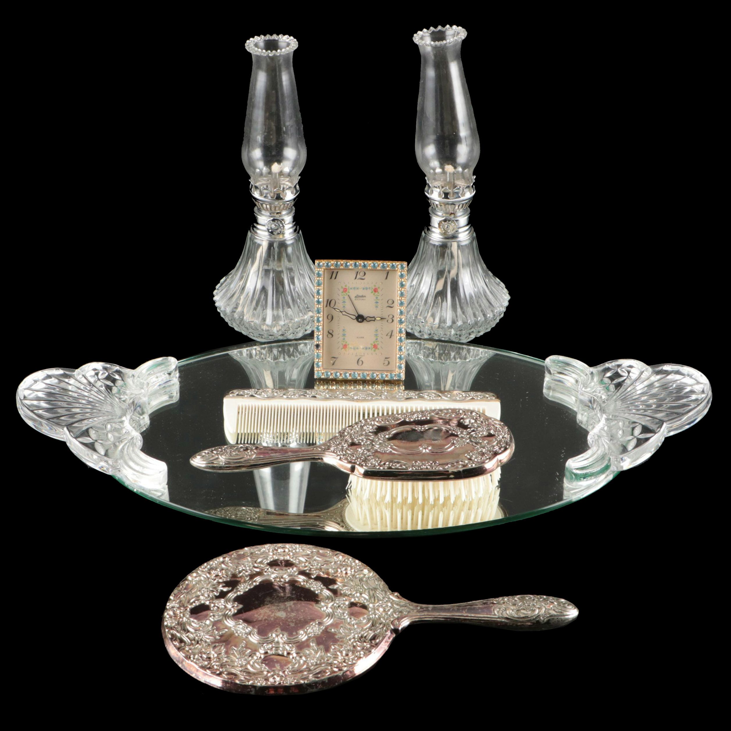 Towle Silver Plate Vanity Set with Linder Alarm Clock and Farms Glass Oil Lamps