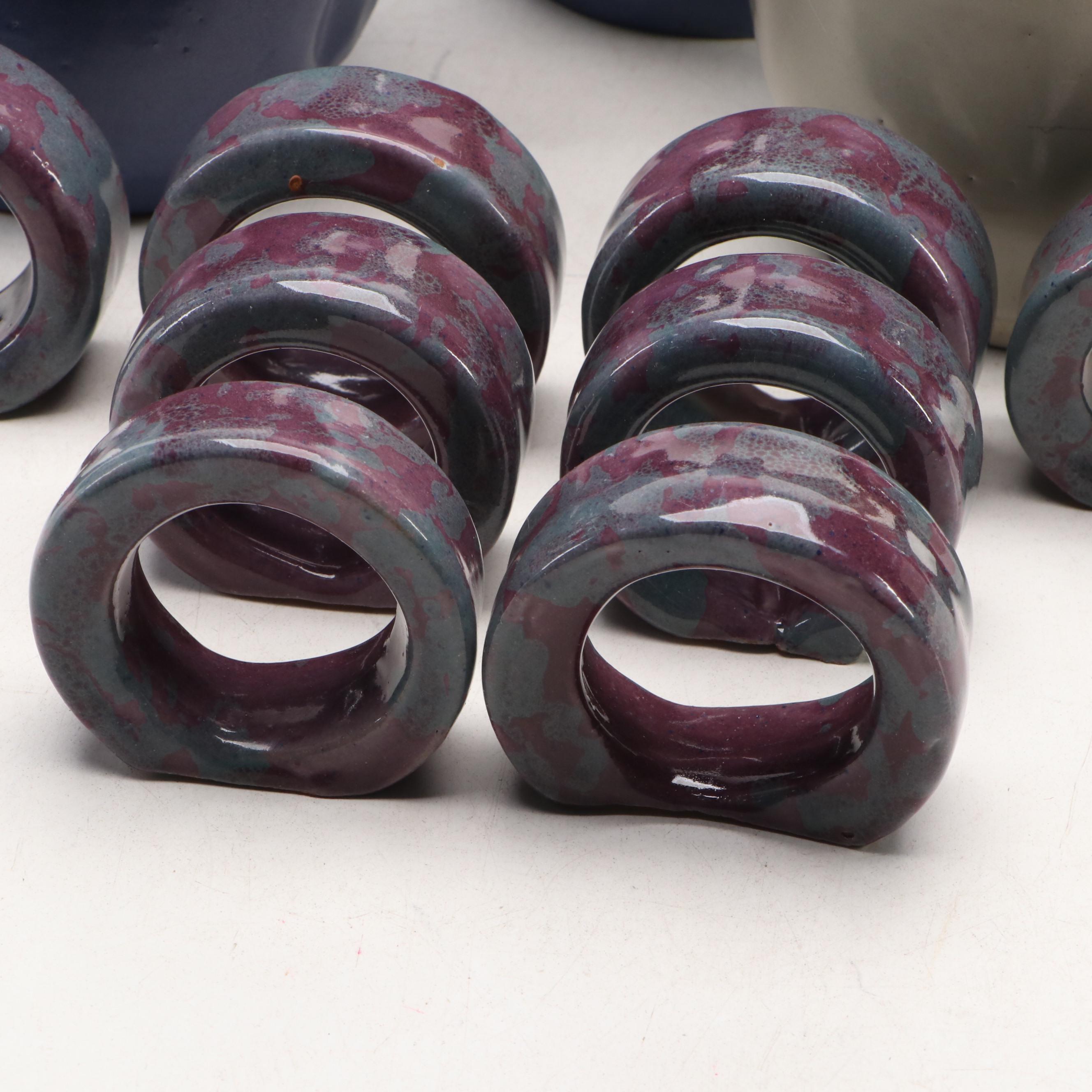 Bybee Pottery Blue Glazed Cat Figurine with Mugs and Napkin Rings