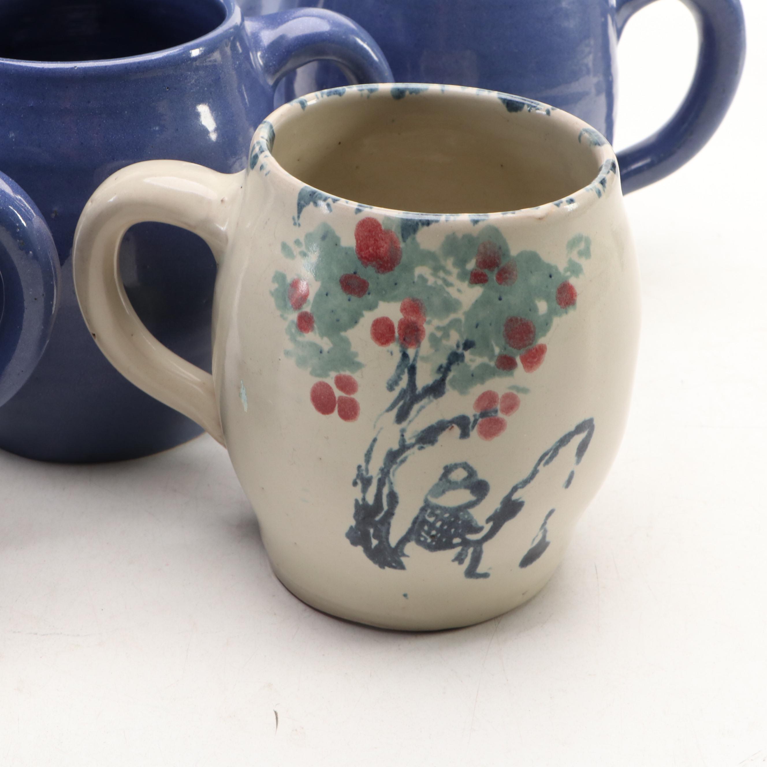 Bybee Pottery Blue Glazed Cat Figurine with Mugs and Napkin Rings
