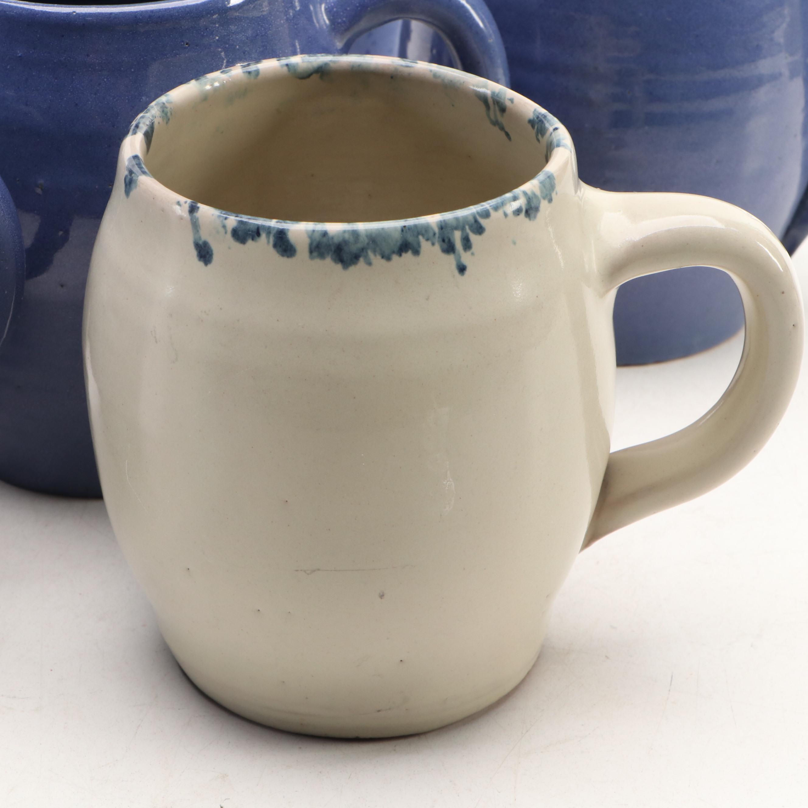 Bybee Pottery Blue Glazed Cat Figurine with Mugs and Napkin Rings