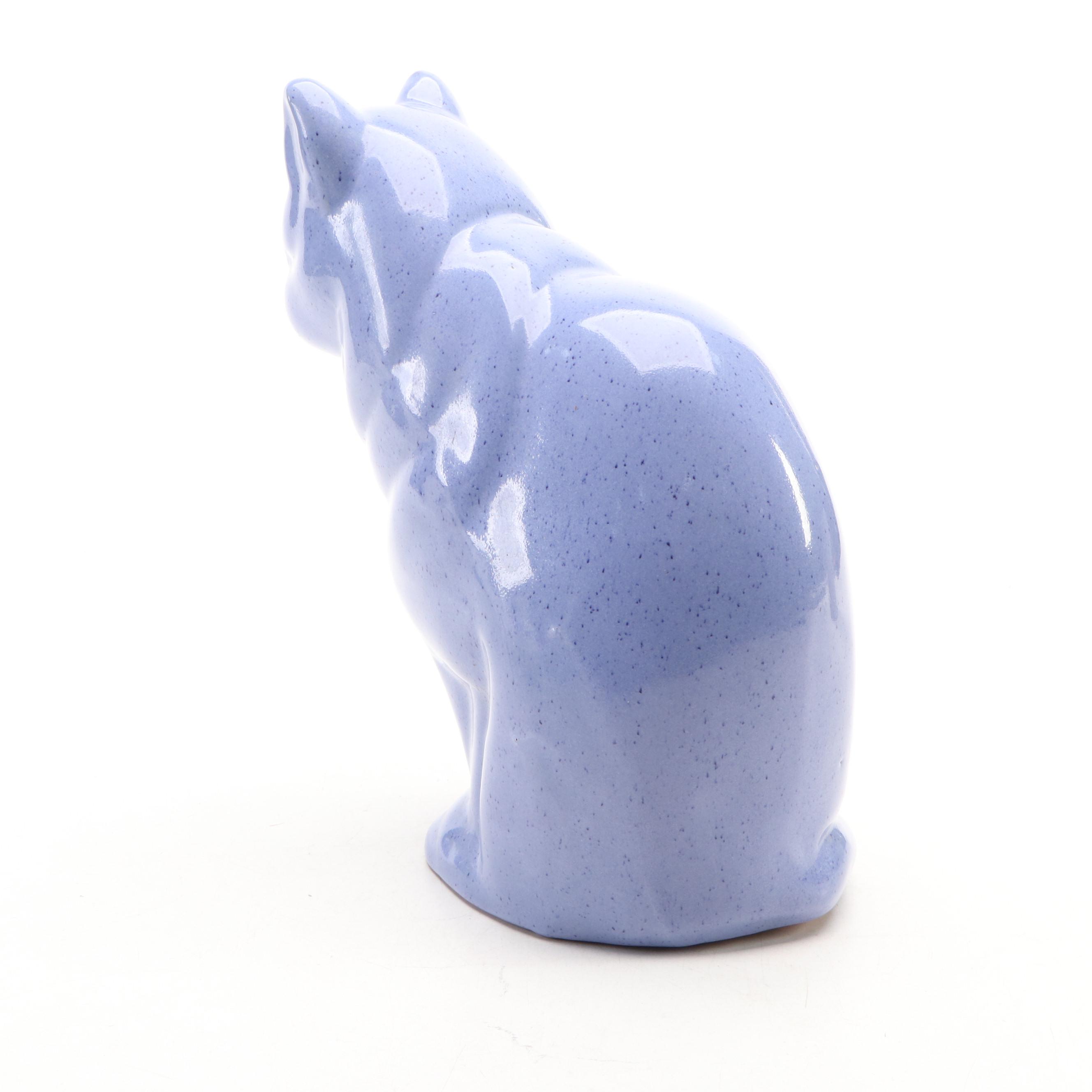Bybee Pottery Blue Glazed Cat Figurine with Mugs and Napkin Rings