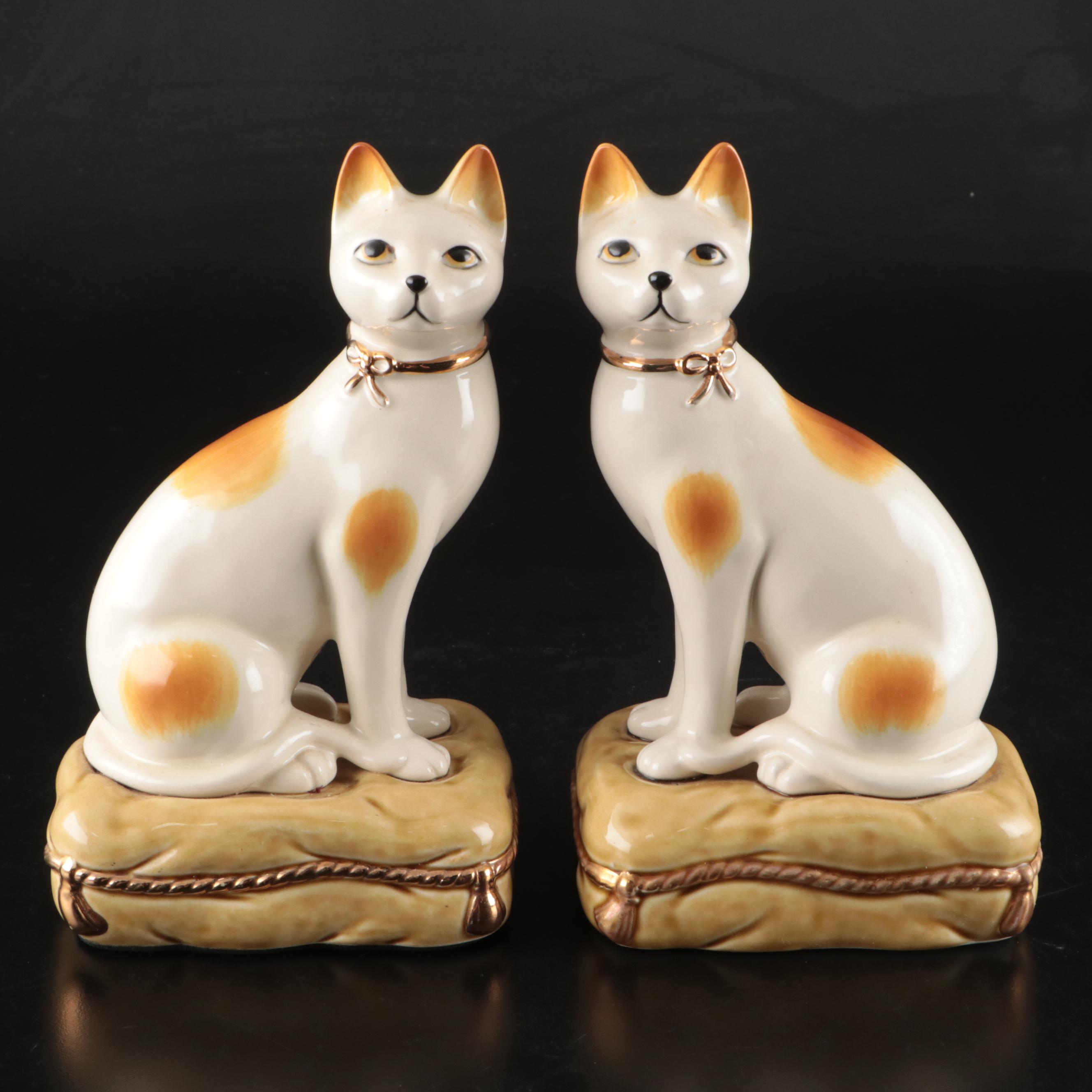 Pair of Staffordshire Ceramic Cat Sitting on Pillow Figurines