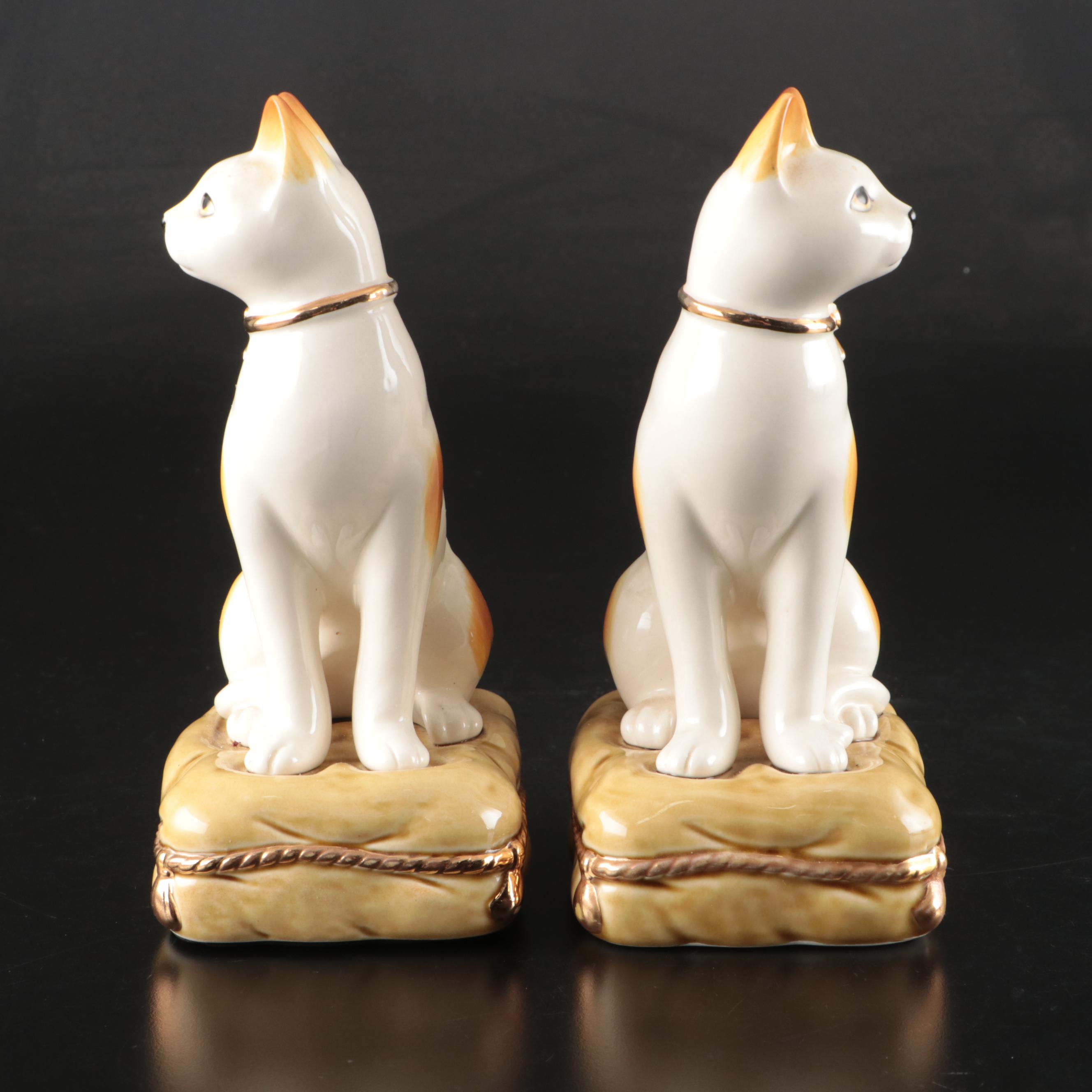 Pair of Staffordshire Ceramic Cat Sitting on Pillow Figurines
