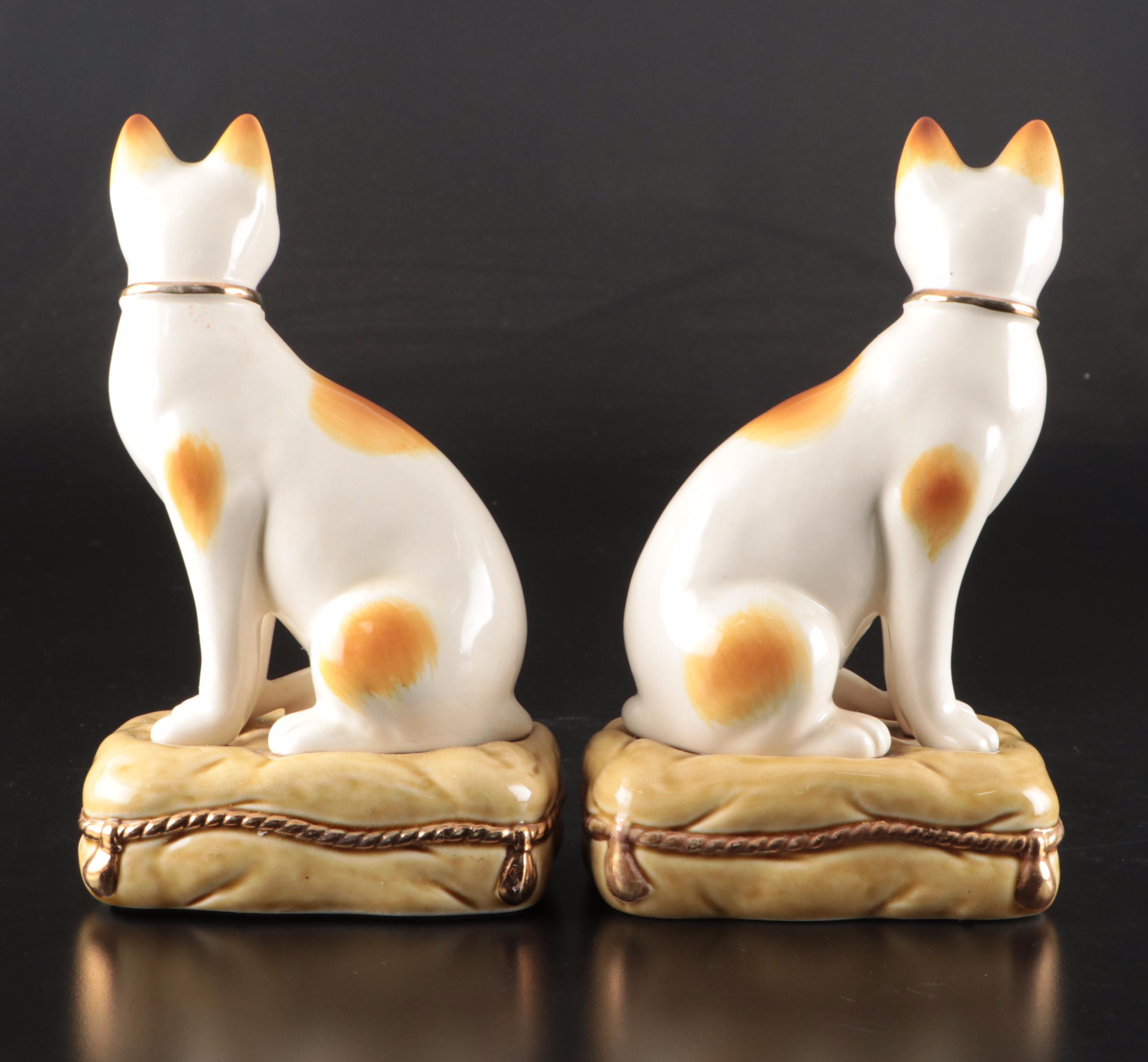 Pair of Staffordshire Ceramic Cat Sitting on Pillow Figurines