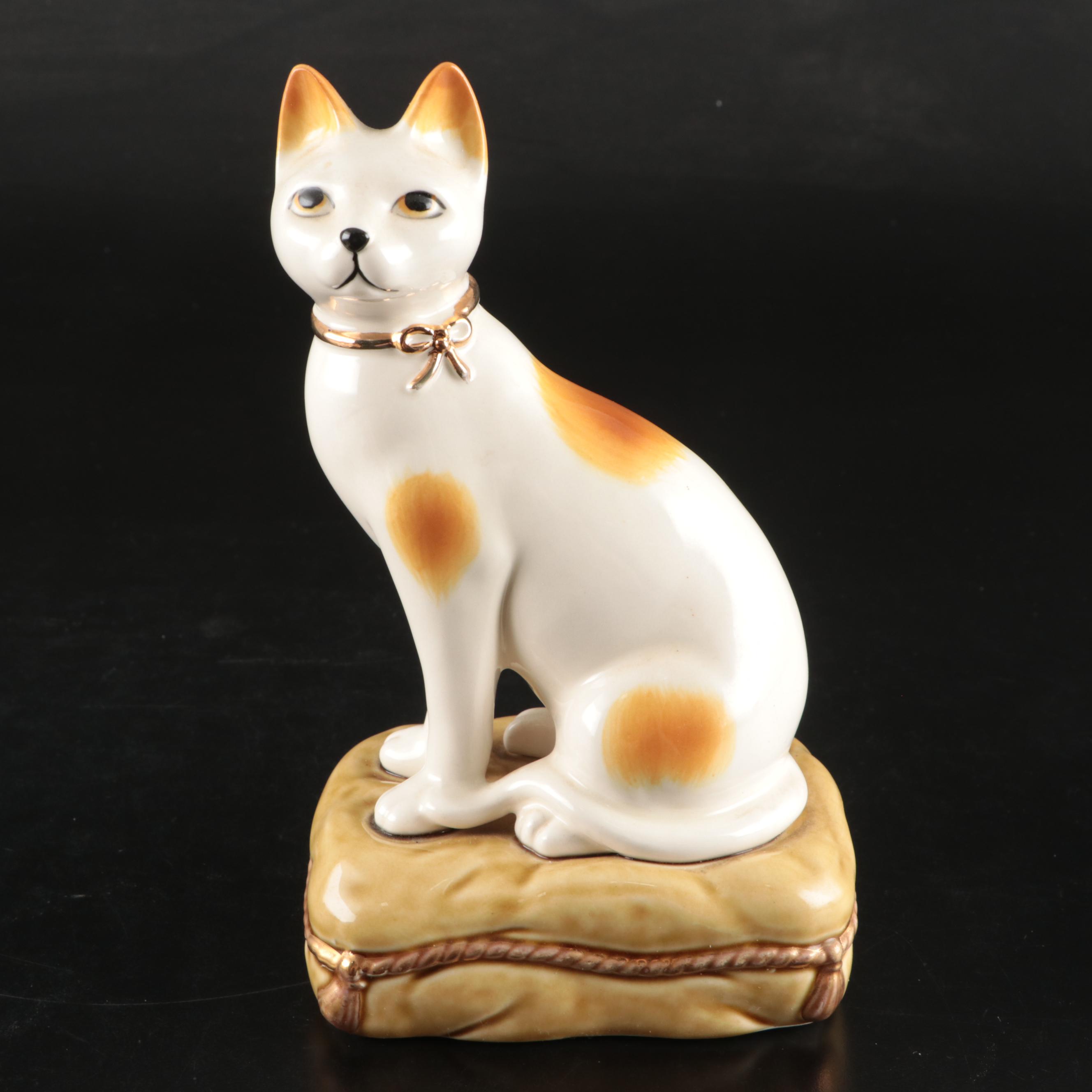Pair of Staffordshire Ceramic Cat Sitting on Pillow Figurines