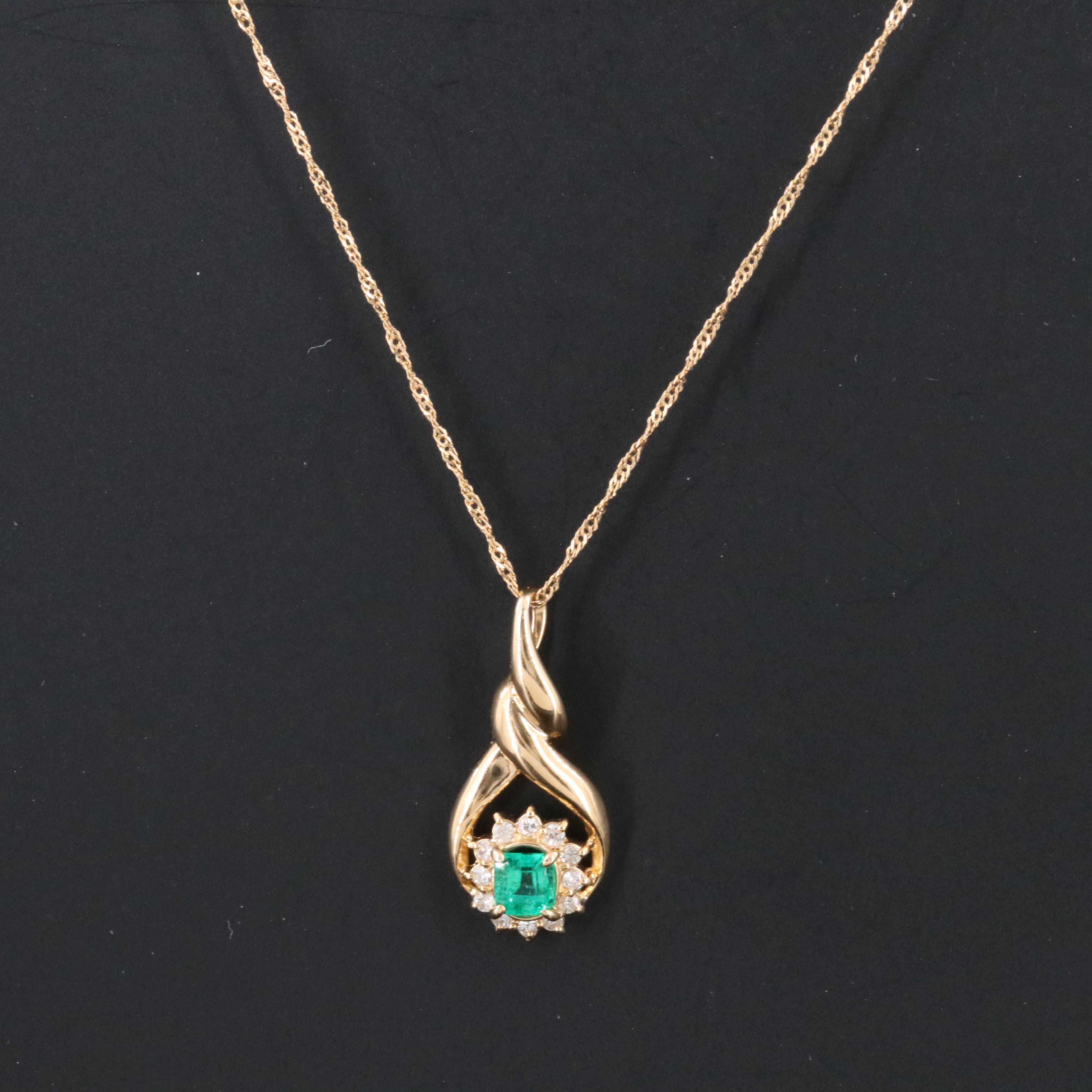 18K  Emerald and Diamond Twist Teardrop Pendant Necklace