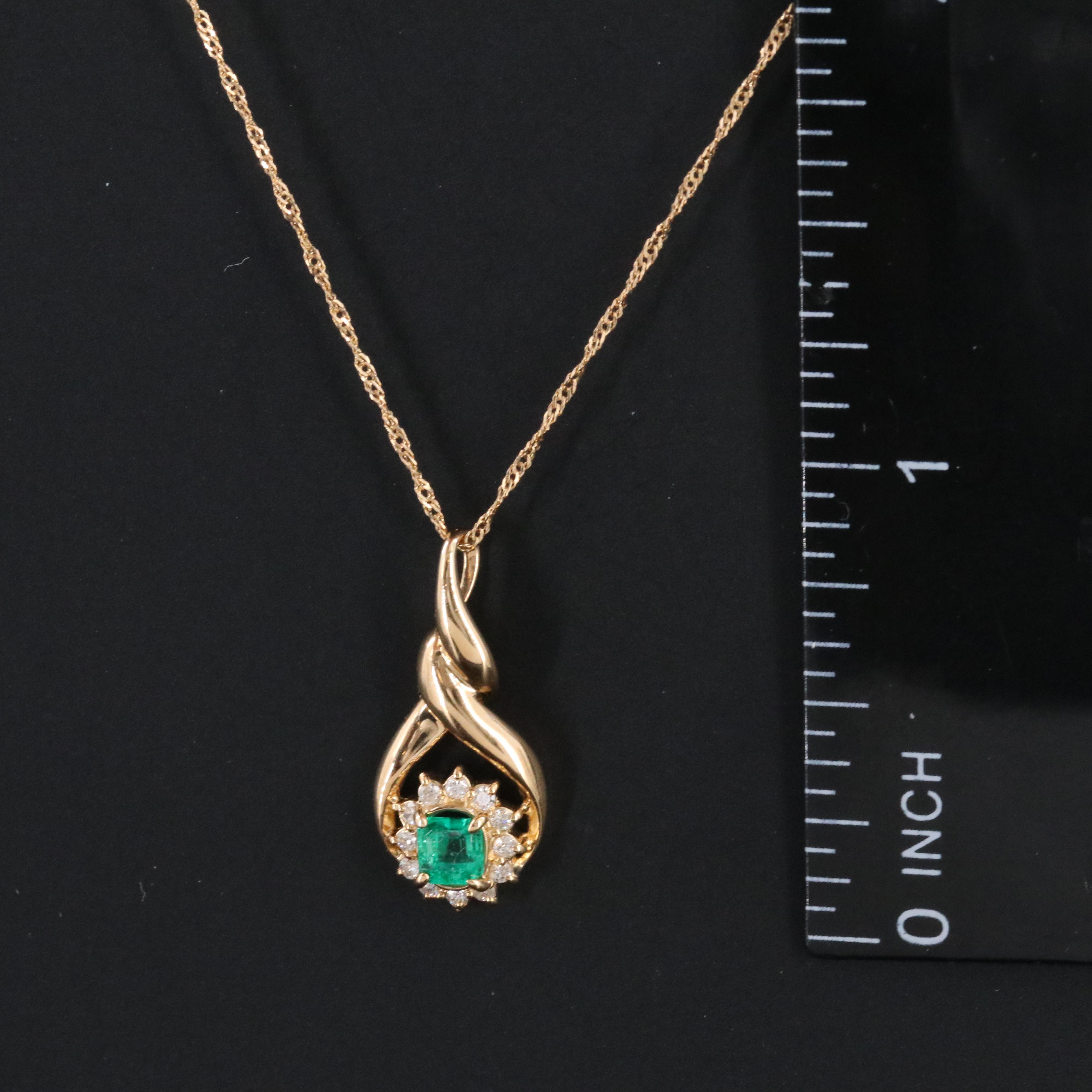 18K  Emerald and Diamond Twist Teardrop Pendant Necklace