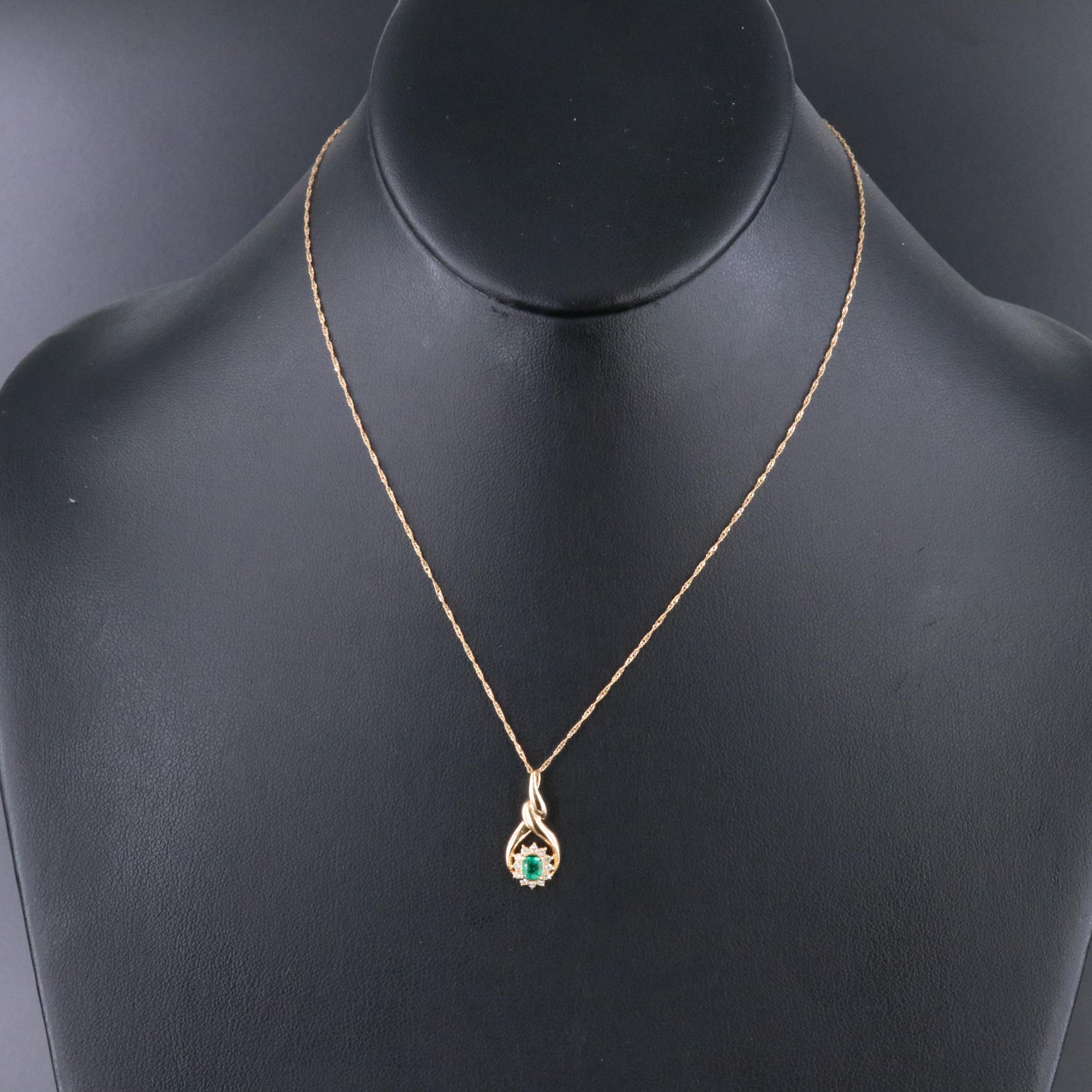 18K  Emerald and Diamond Twist Teardrop Pendant Necklace