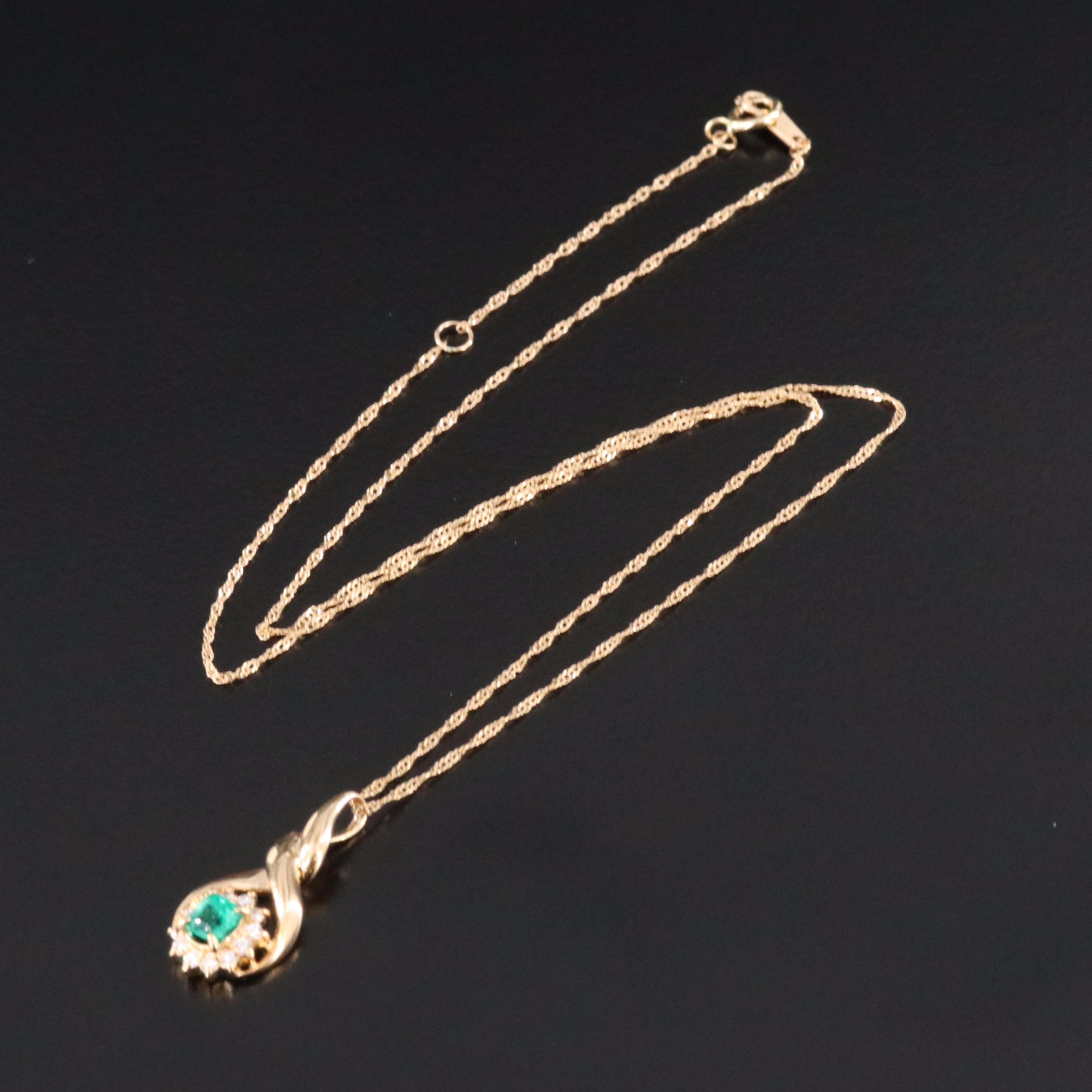 18K  Emerald and Diamond Twist Teardrop Pendant Necklace