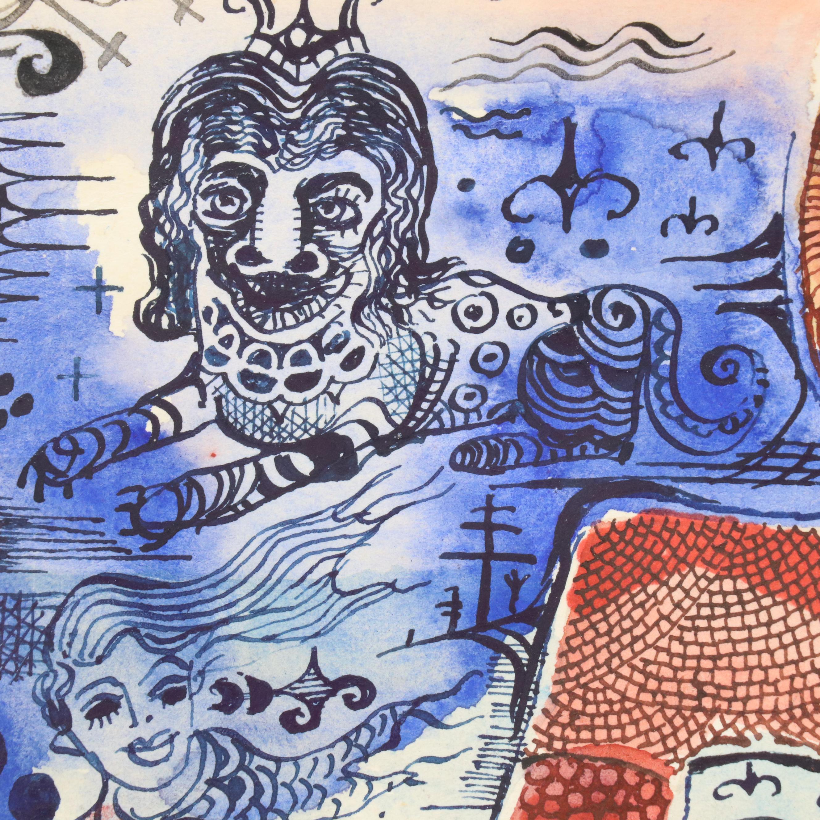 Nikolay "Kuk" Manuylov Figural Surrealist Mixed Media Painting, 1992