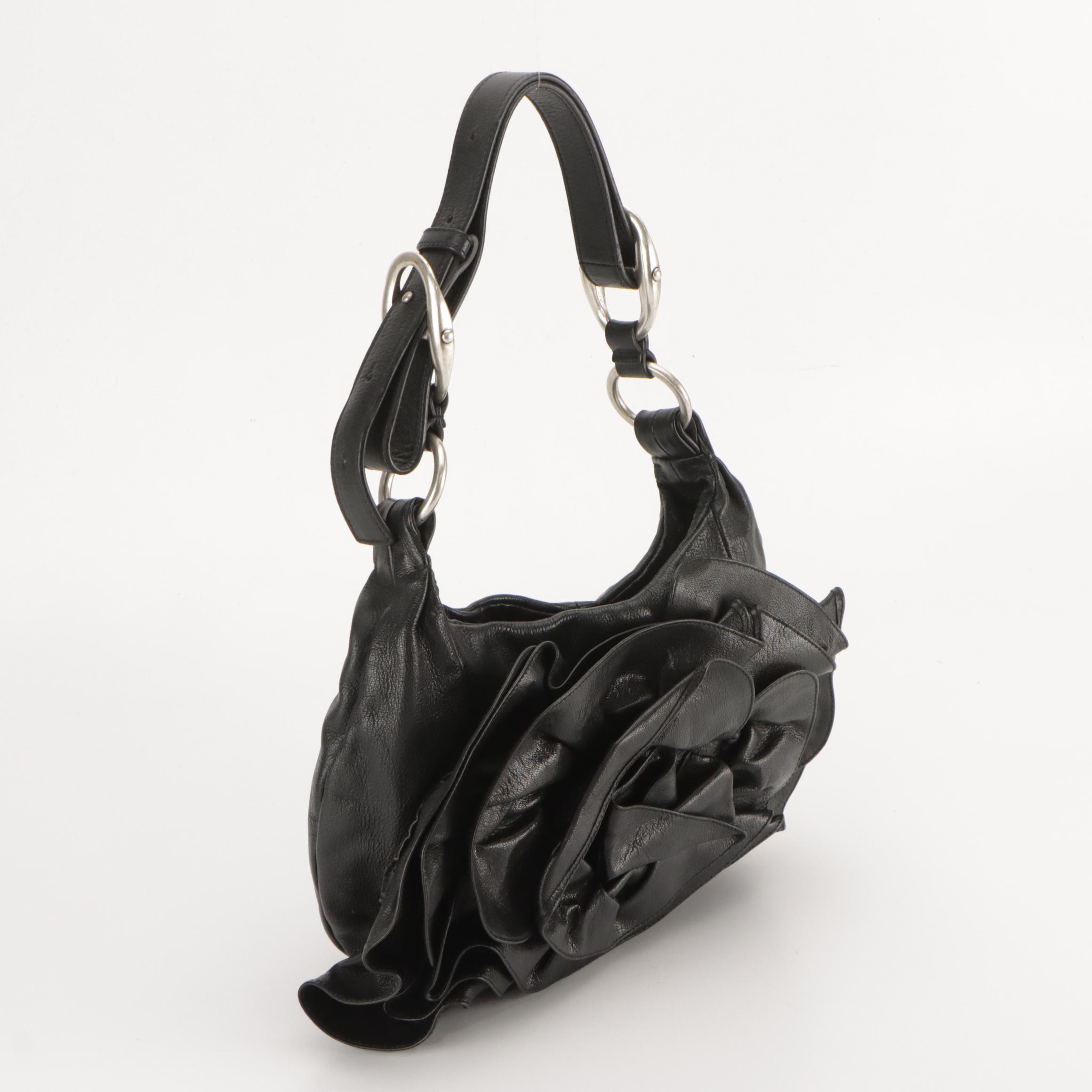 Yves Saint Laurent Nadja Rose Shoulder Bag in Shiny Black Leather