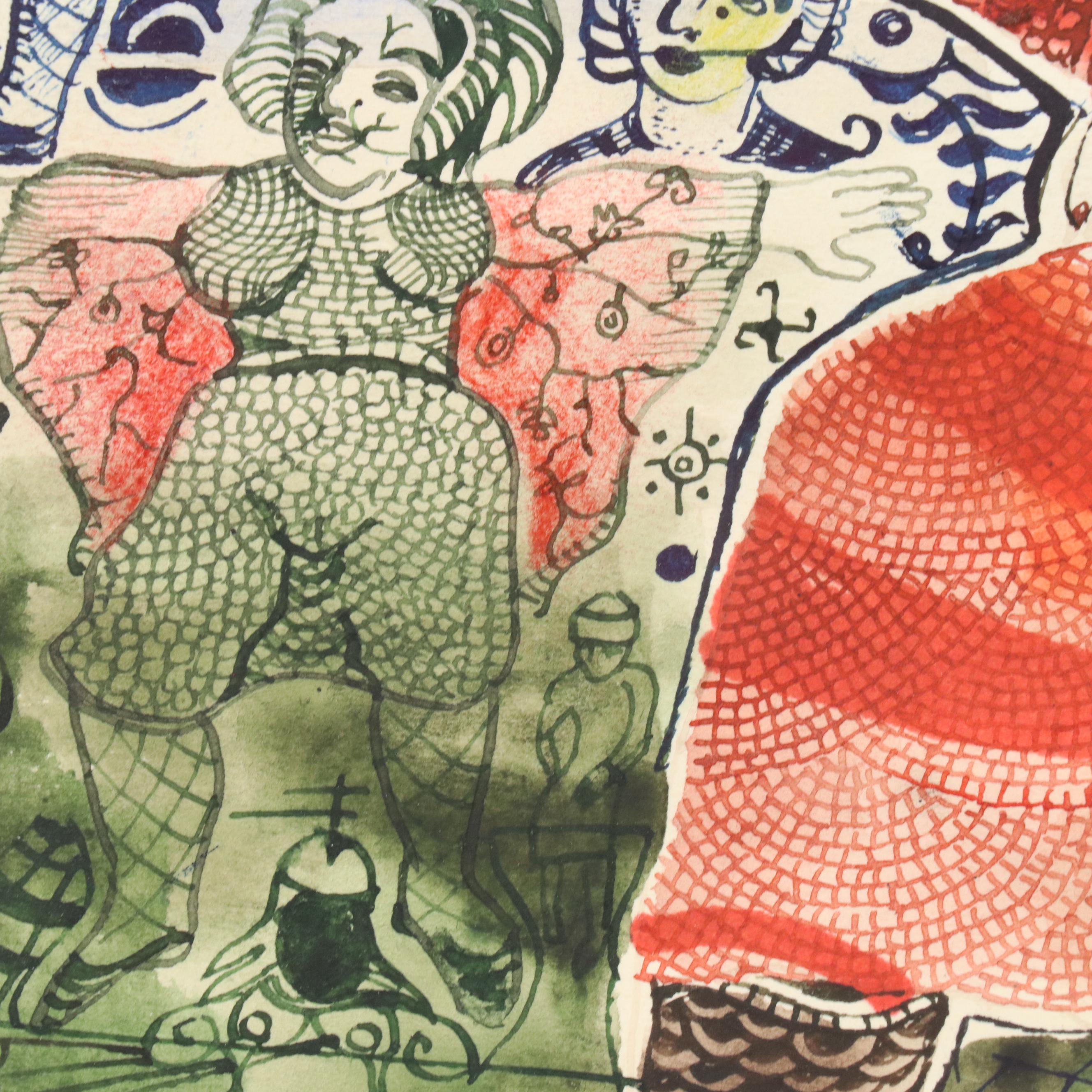 Nikolay "Kuk" Manuylov Figural Surrealist Mixed Media Painting, 1992