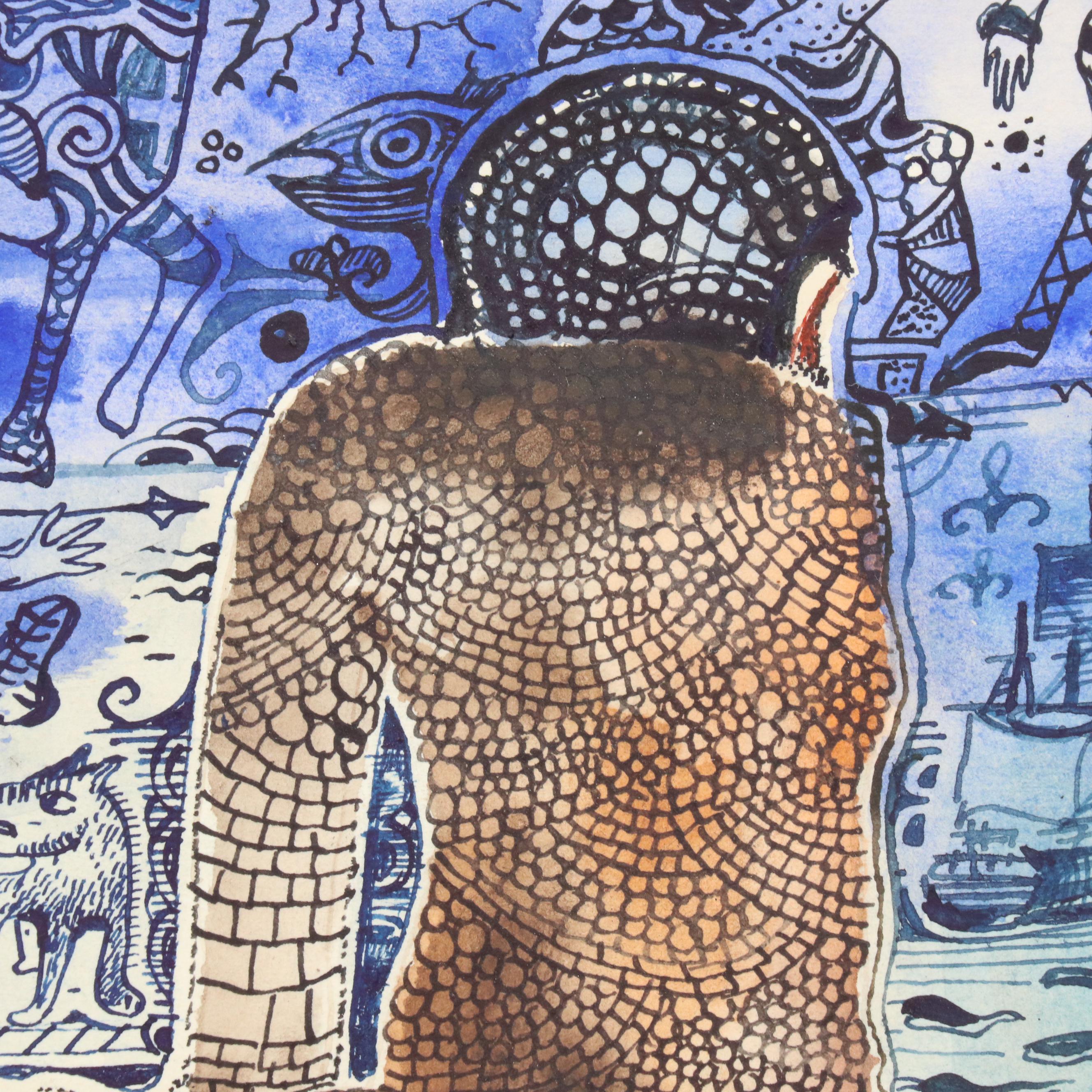 Nikolay "Kuk" Manuylov Figural Surrealist Mixed Media Painting, 1992