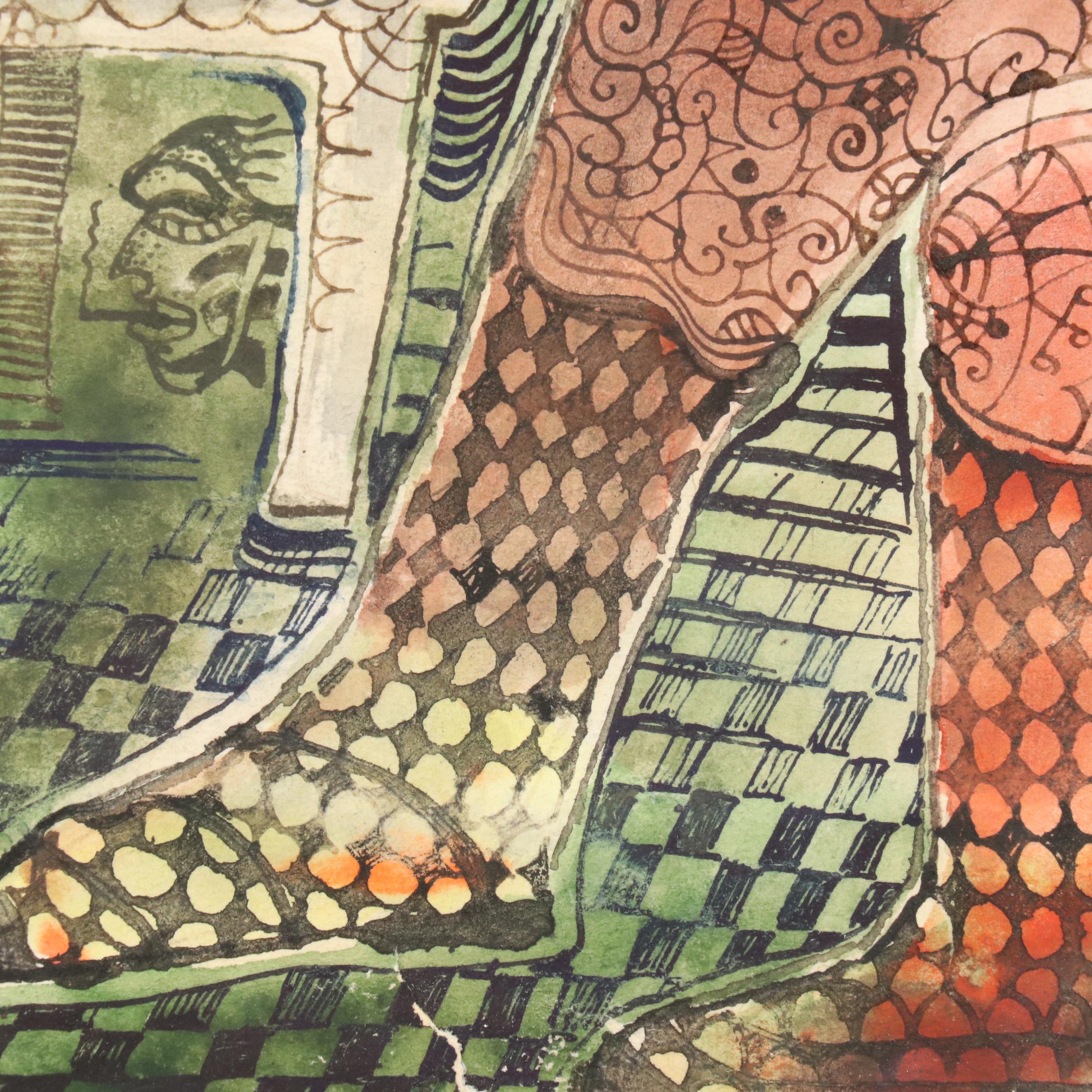 Nikolay "Kuk" Manuylov Figural Surrealist Mixed Media Painting, 1992