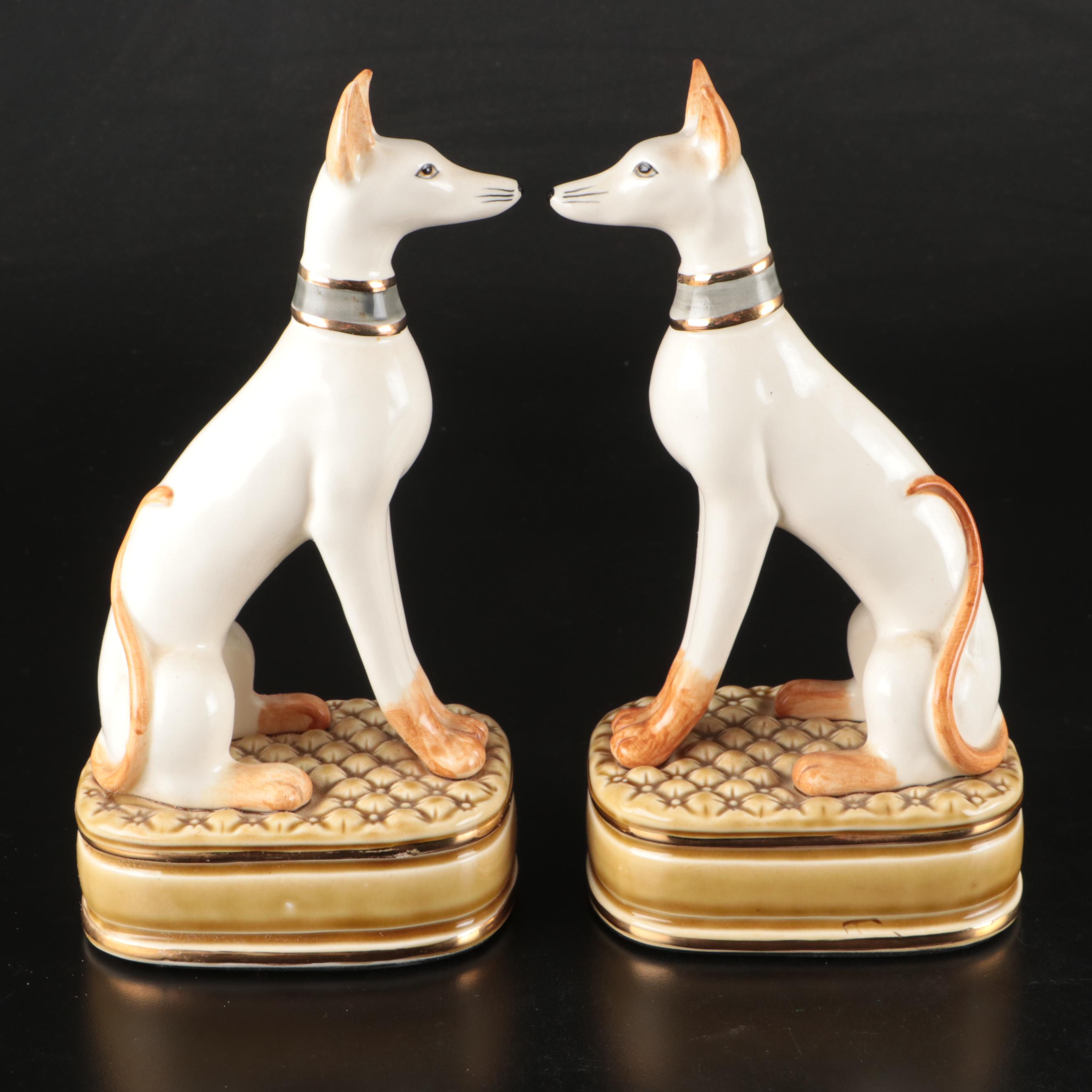 Pair of Staffordshire Style Ceramic Whippets Sitting on Pillows Figurines