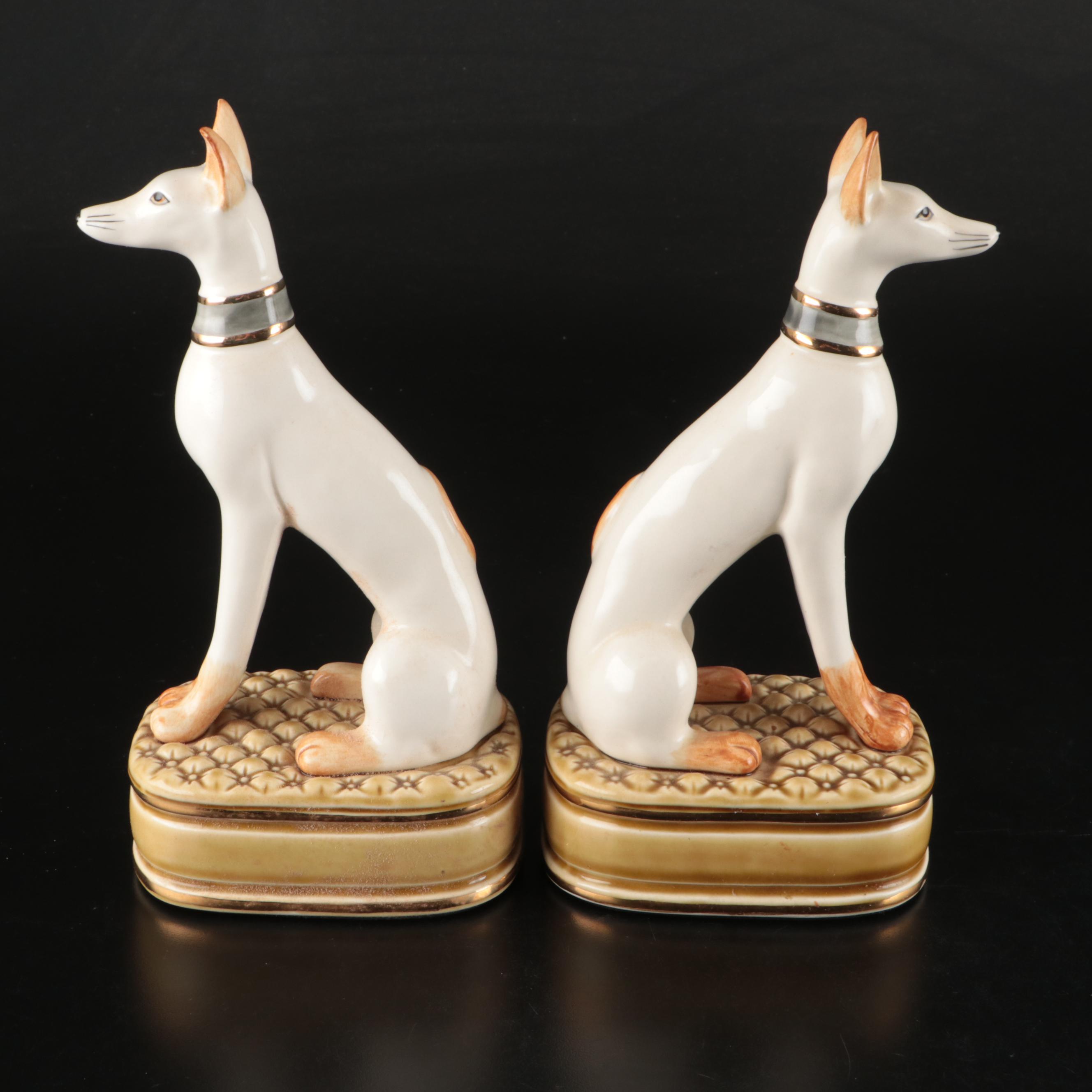 Pair of Staffordshire Style Ceramic Whippets Sitting on Pillows Figurines