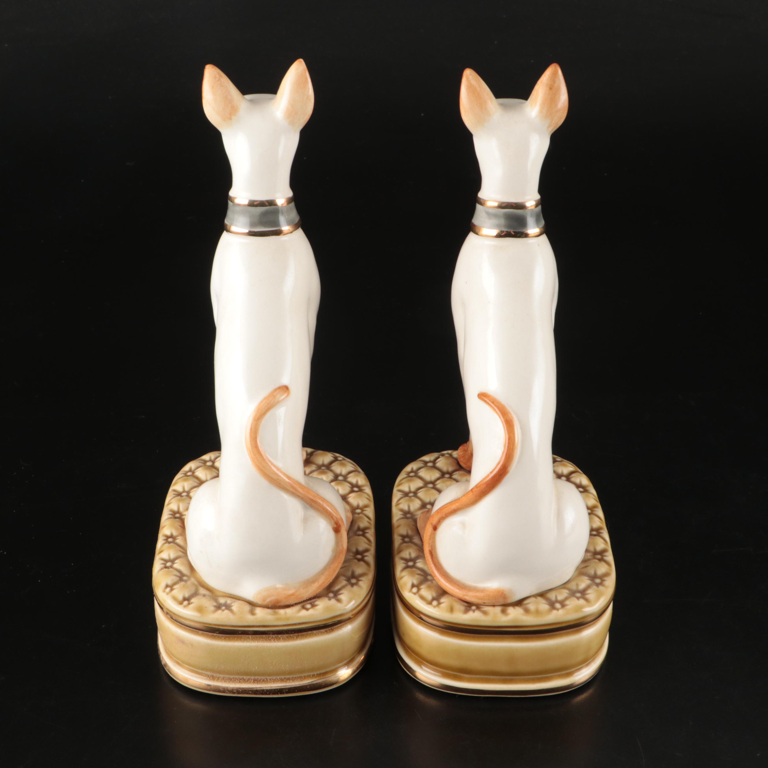 Pair of Staffordshire Style Ceramic Whippets Sitting on Pillows Figurines