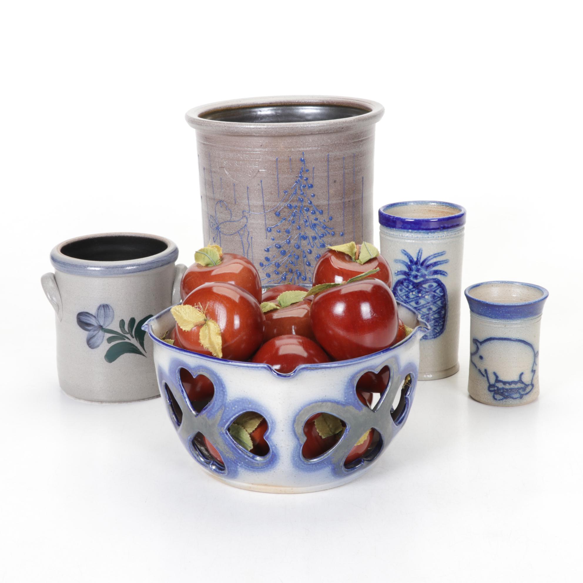 Salt Glazed Stoneware Crocks, Basket, and Utensil Holders with Wood Apples