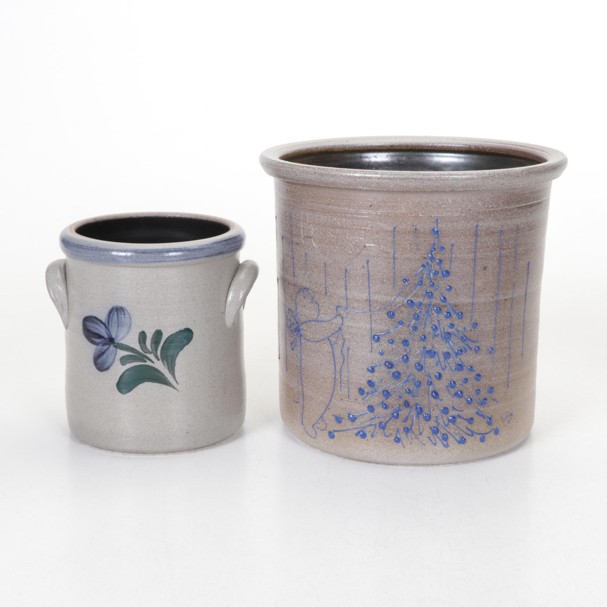 Salt Glazed Stoneware Crocks, Basket, and Utensil Holders with Wood Apples