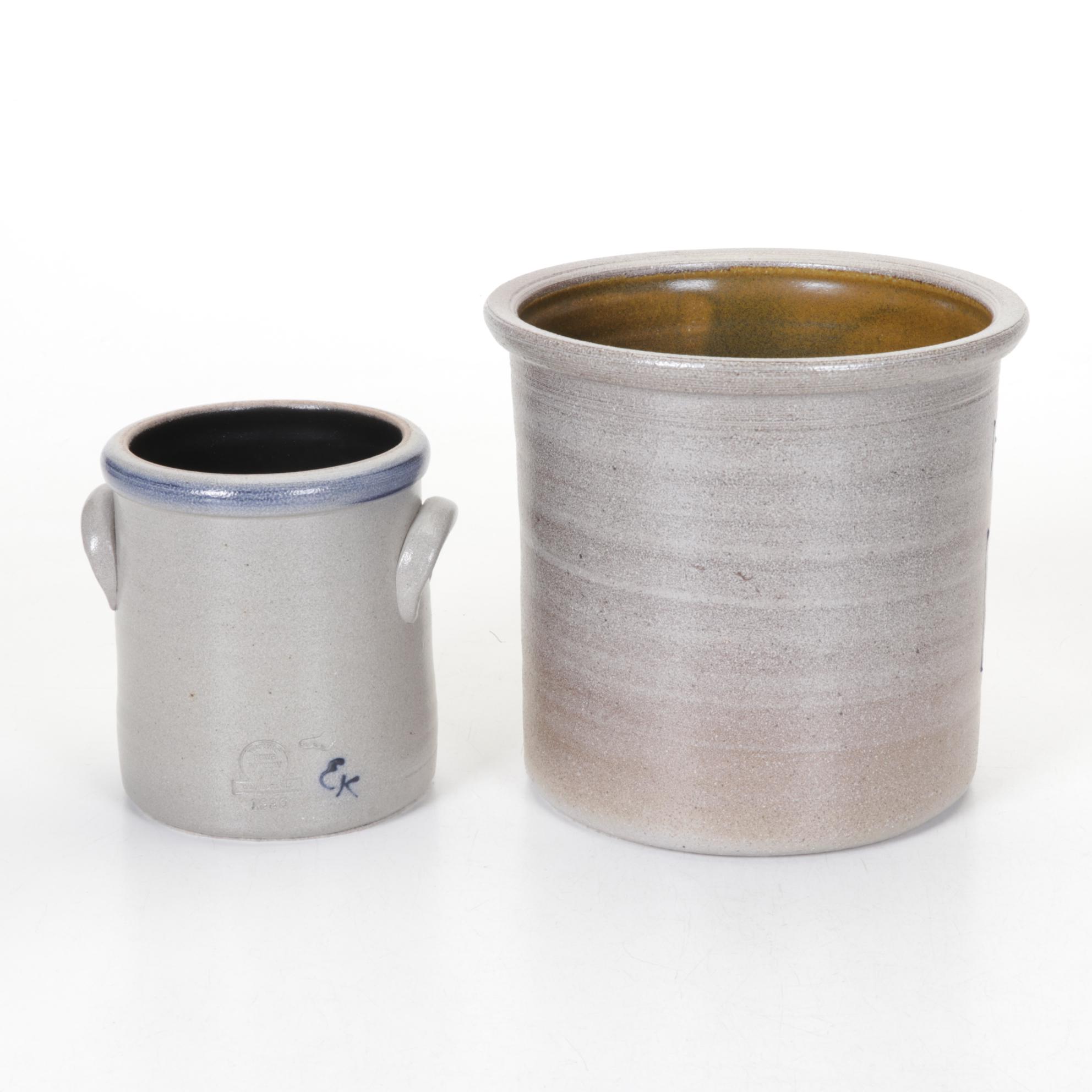 Salt Glazed Stoneware Crocks, Basket, and Utensil Holders with Wood Apples