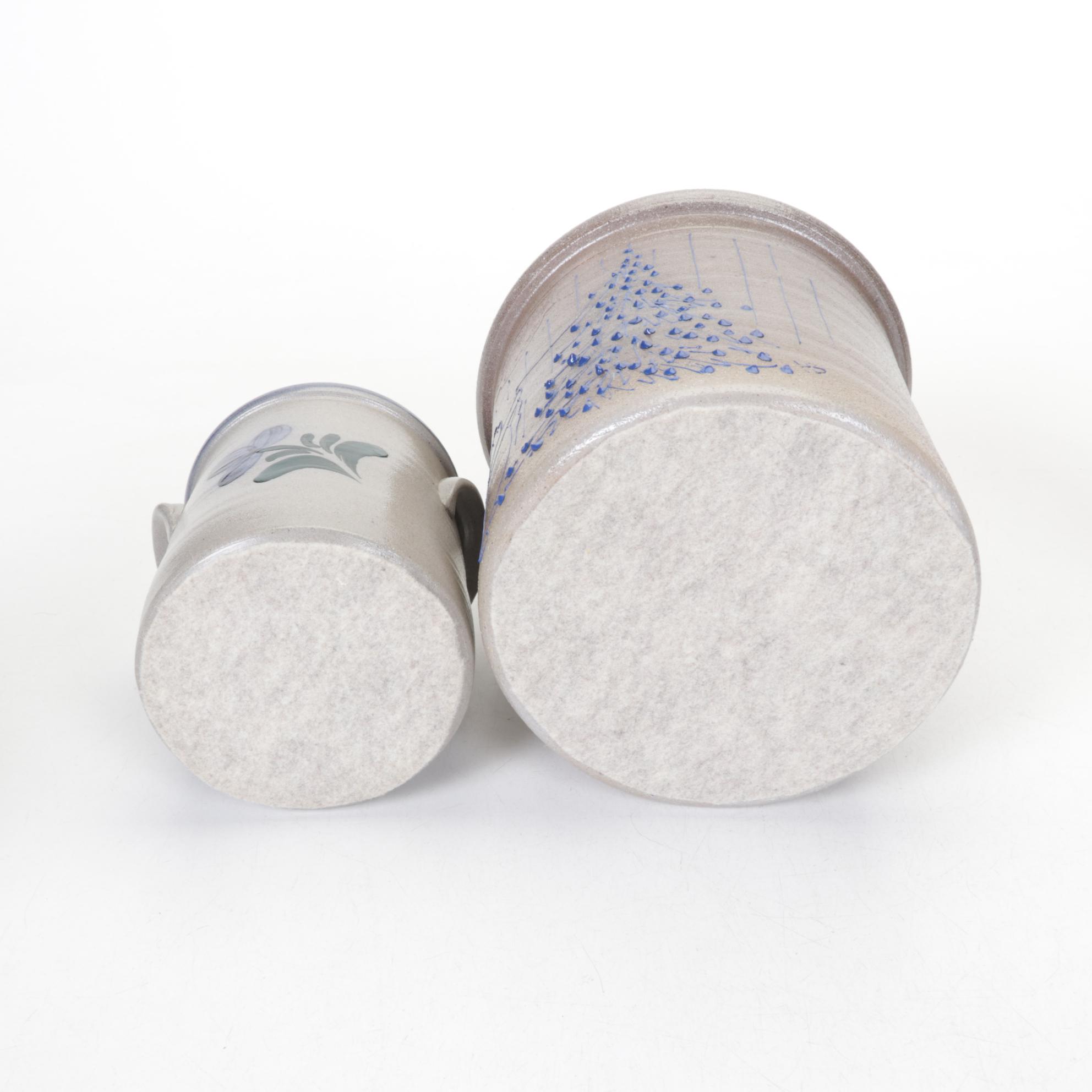 Salt Glazed Stoneware Crocks, Basket, and Utensil Holders with Wood Apples