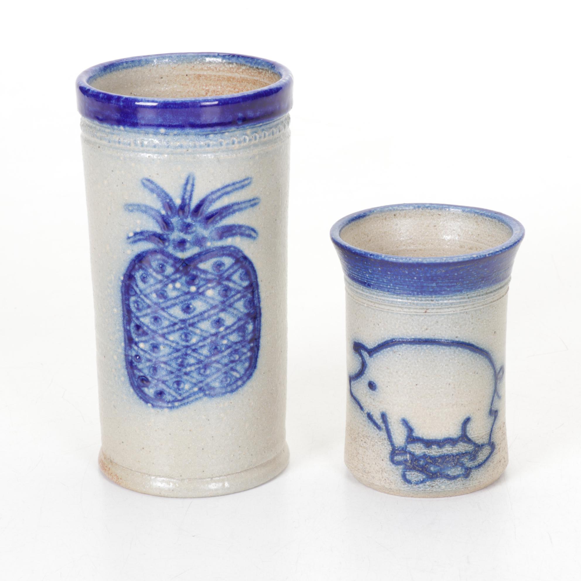 Salt Glazed Stoneware Crocks, Basket, and Utensil Holders with Wood Apples