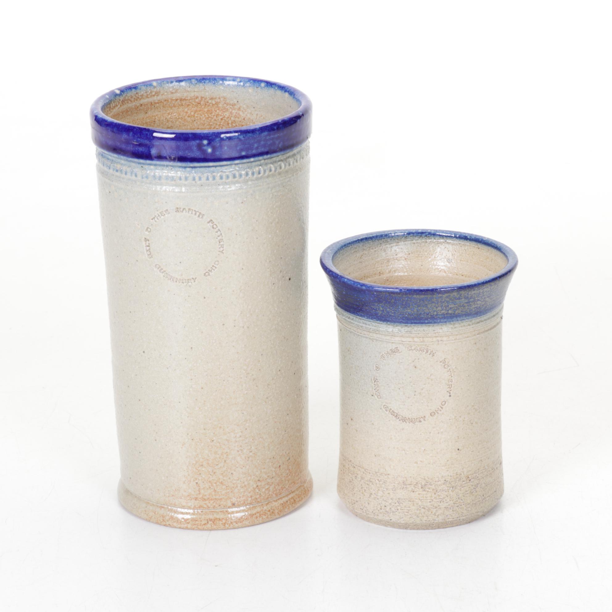 Salt Glazed Stoneware Crocks, Basket, and Utensil Holders with Wood Apples