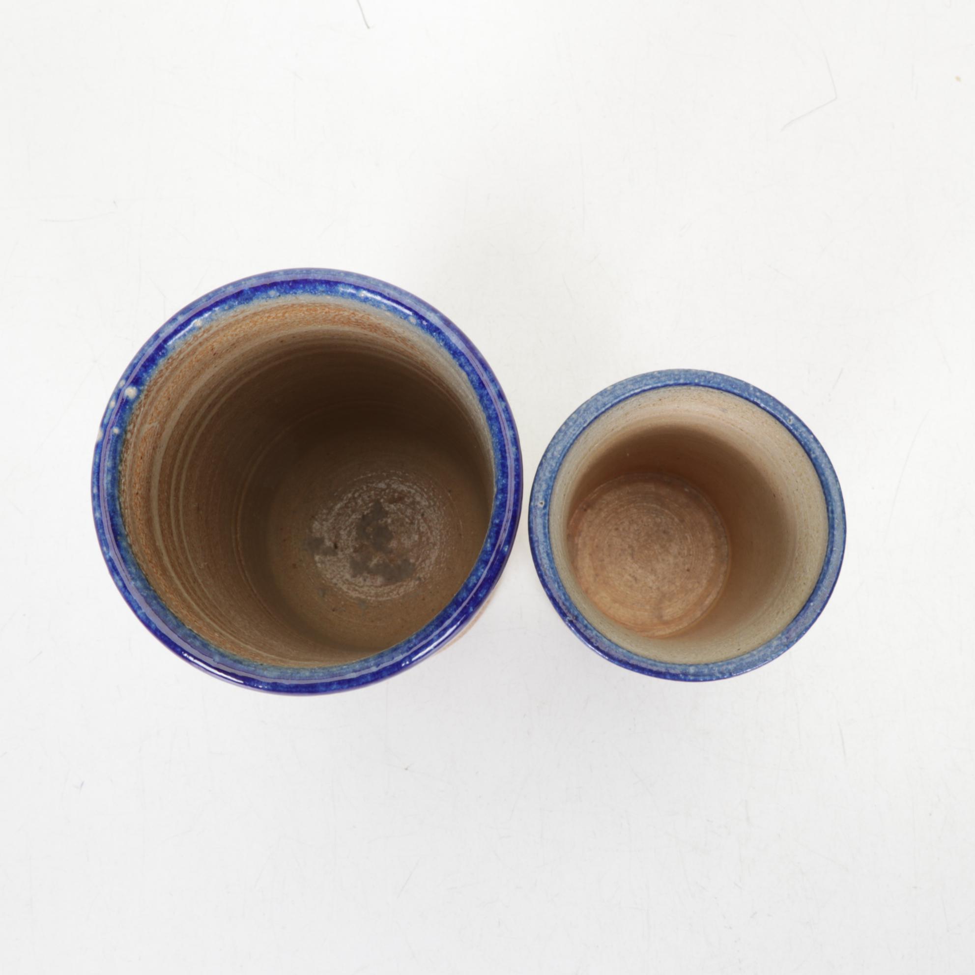 Salt Glazed Stoneware Crocks, Basket, and Utensil Holders with Wood Apples