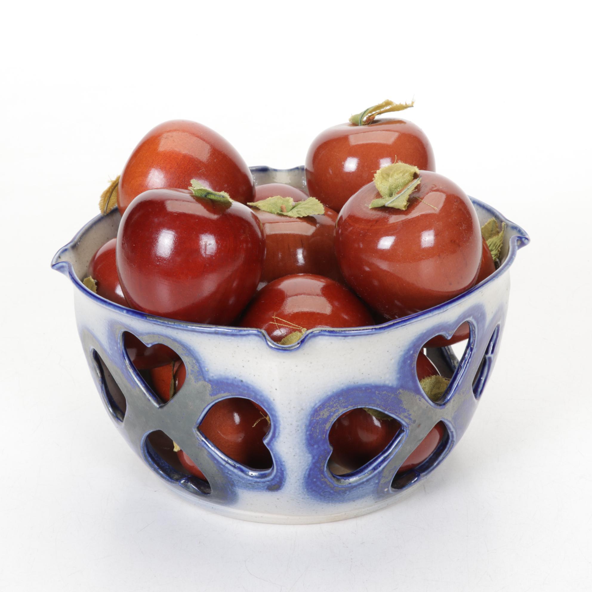Salt Glazed Stoneware Crocks, Basket, and Utensil Holders with Wood Apples