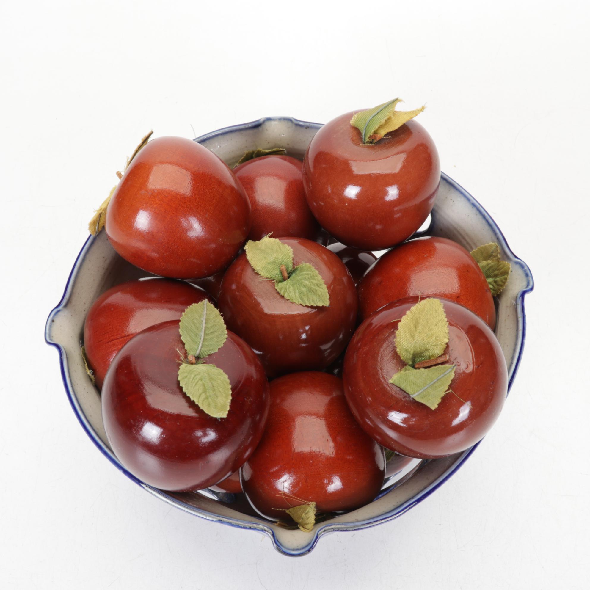 Salt Glazed Stoneware Crocks, Basket, and Utensil Holders with Wood Apples