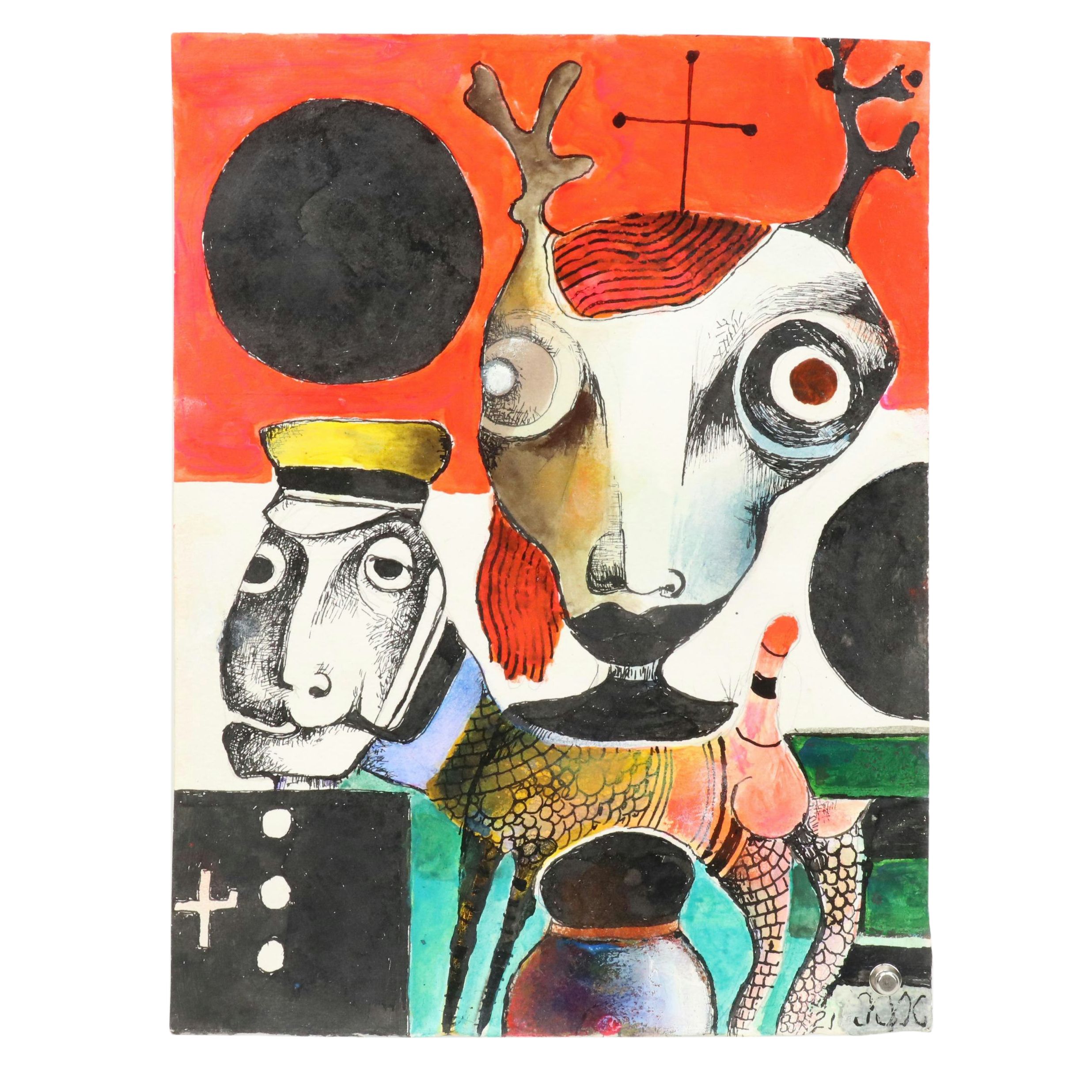 Nikolay "Kuk" Manuylov Figural Surrealist Mixed Media Painting, 2021