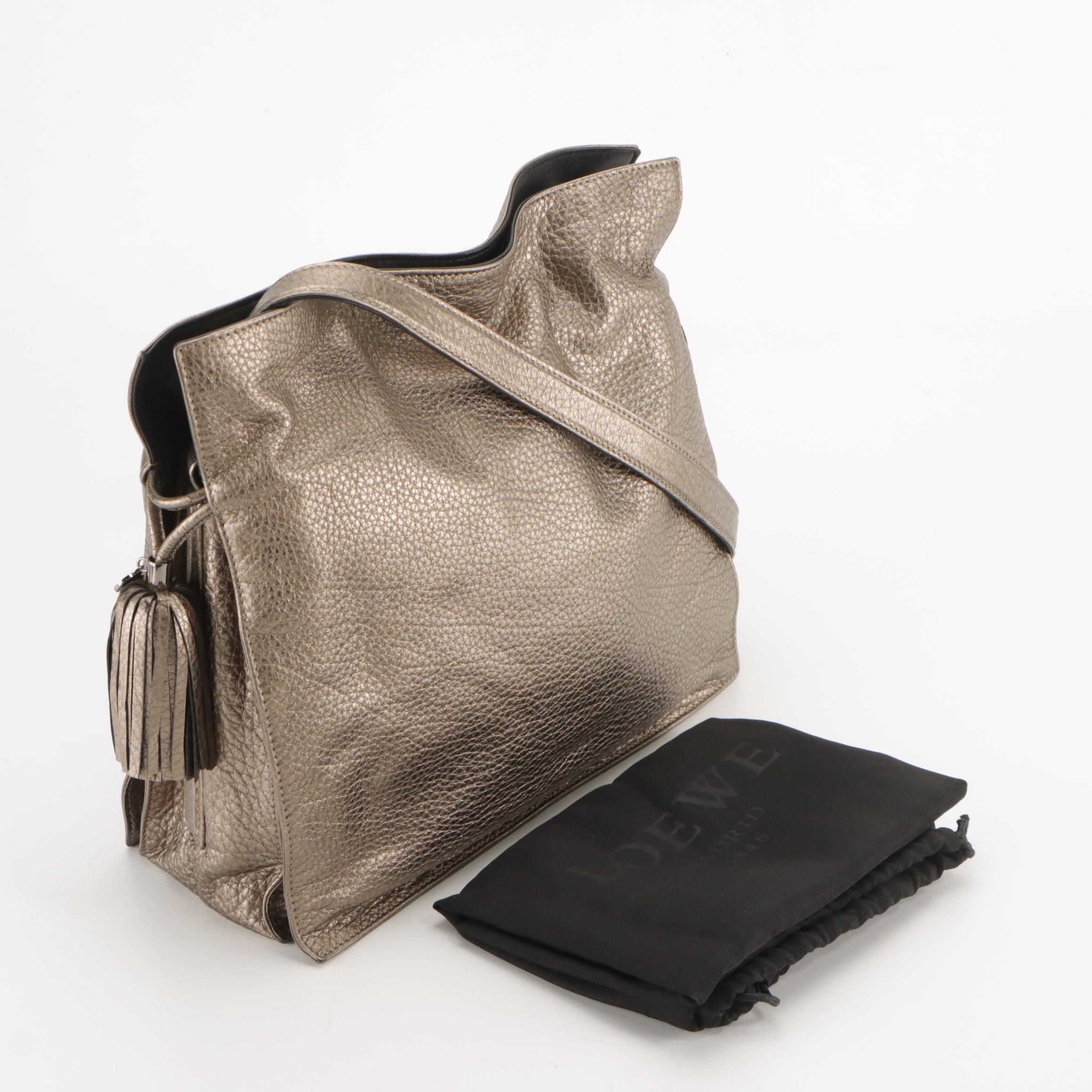 Loewe Flamenco Tassel Drawstring Crossbody Bag in Metallic Grained Calfskin