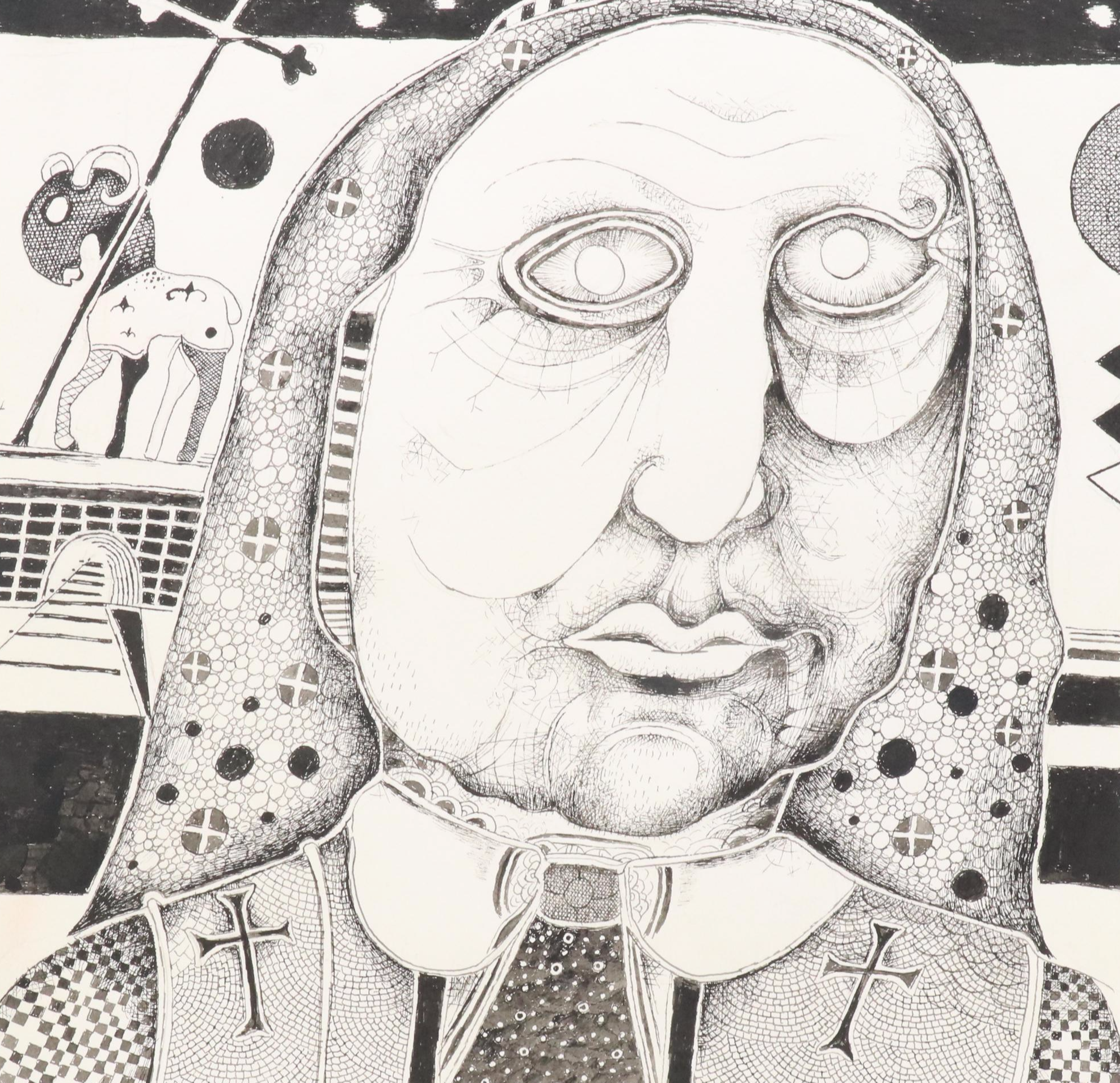 Nikolay "Kuk" Manuylov Figural Surrealist Ink Drawing, 2016