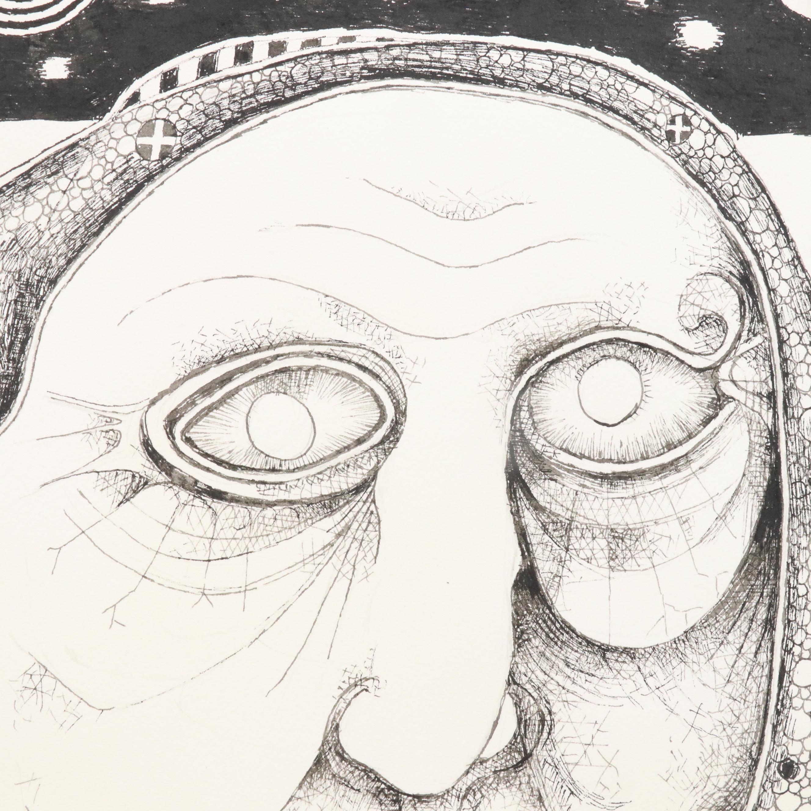 Nikolay "Kuk" Manuylov Figural Surrealist Ink Drawing, 2016