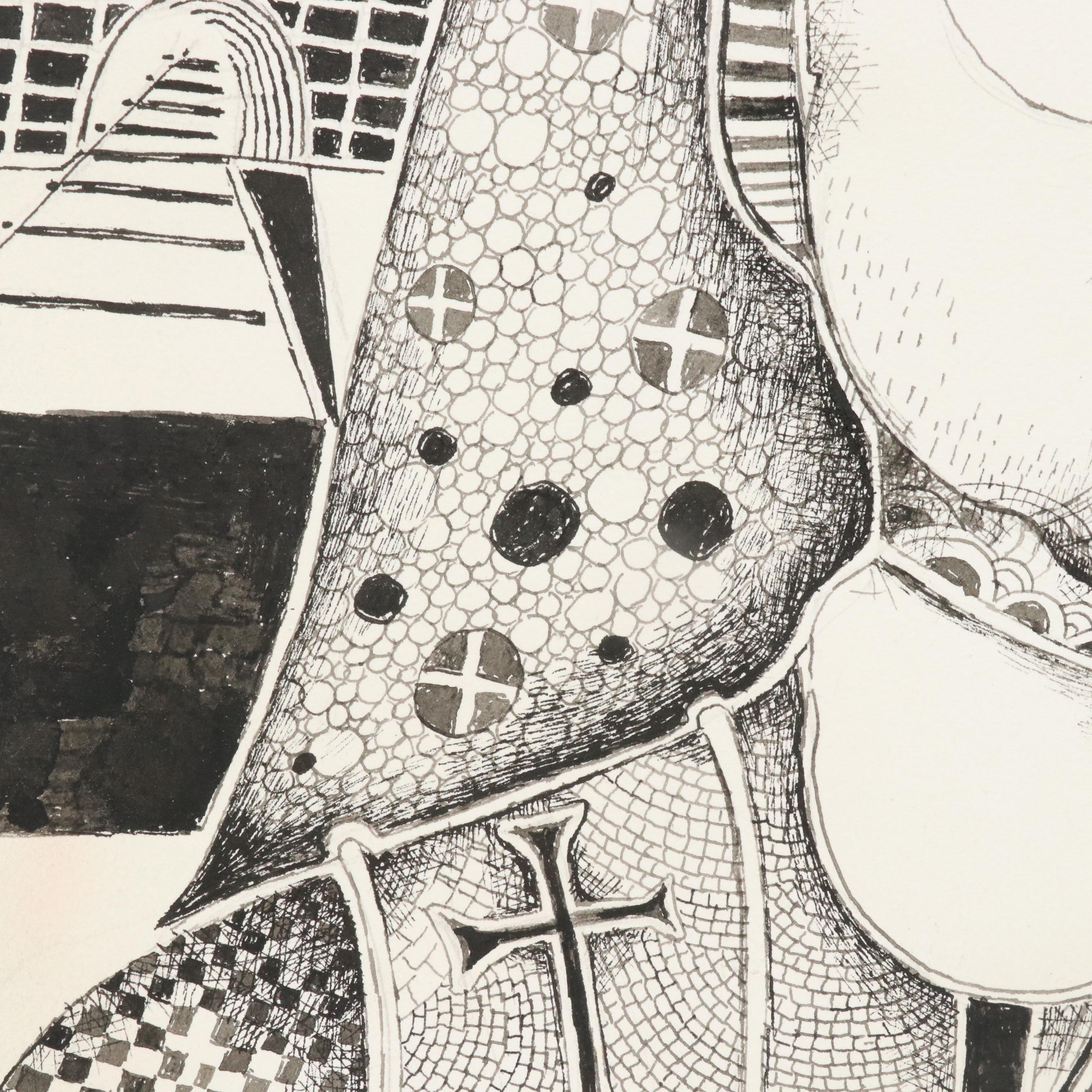 Nikolay "Kuk" Manuylov Figural Surrealist Ink Drawing, 2016